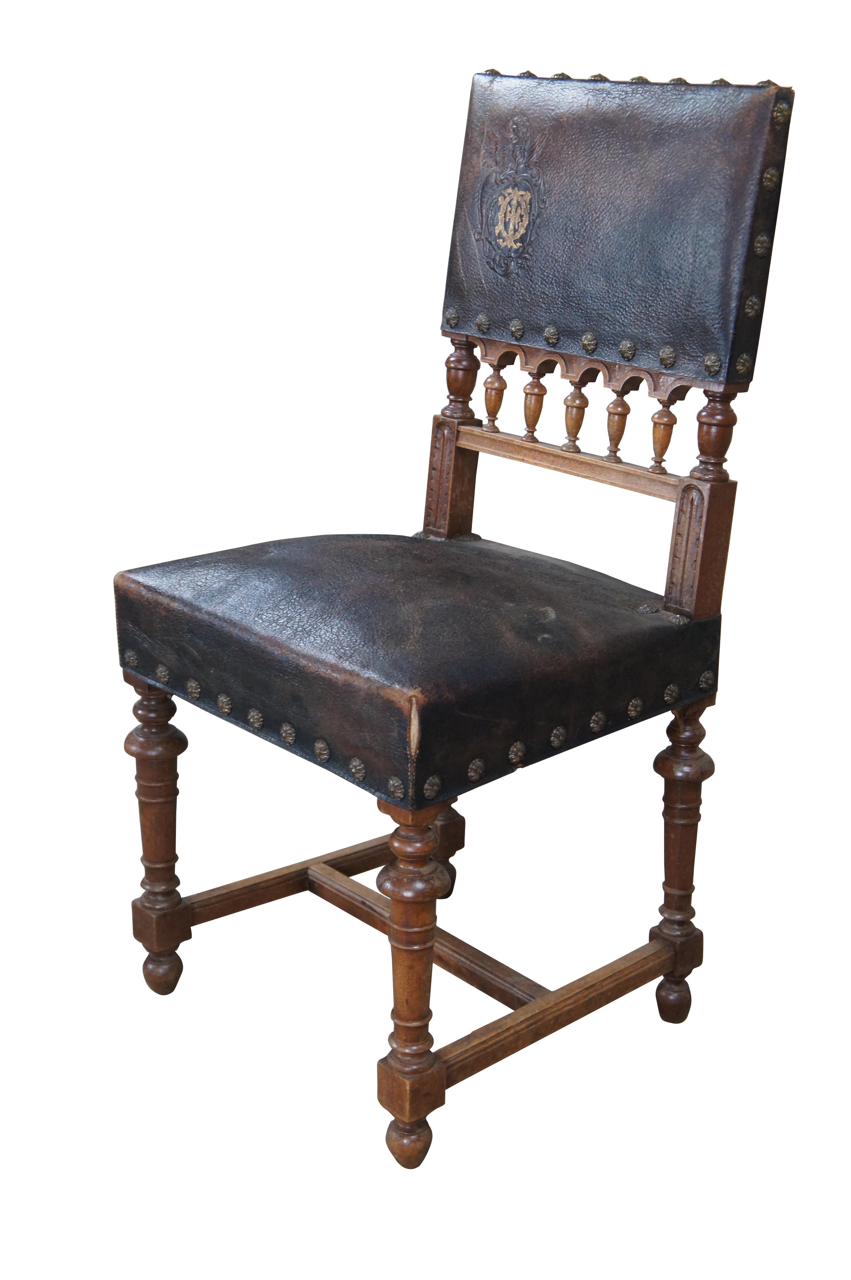 Renaissance Antique Henry II Carved Walnut Upholstered Leather Dining Side Accent Chair For Sale