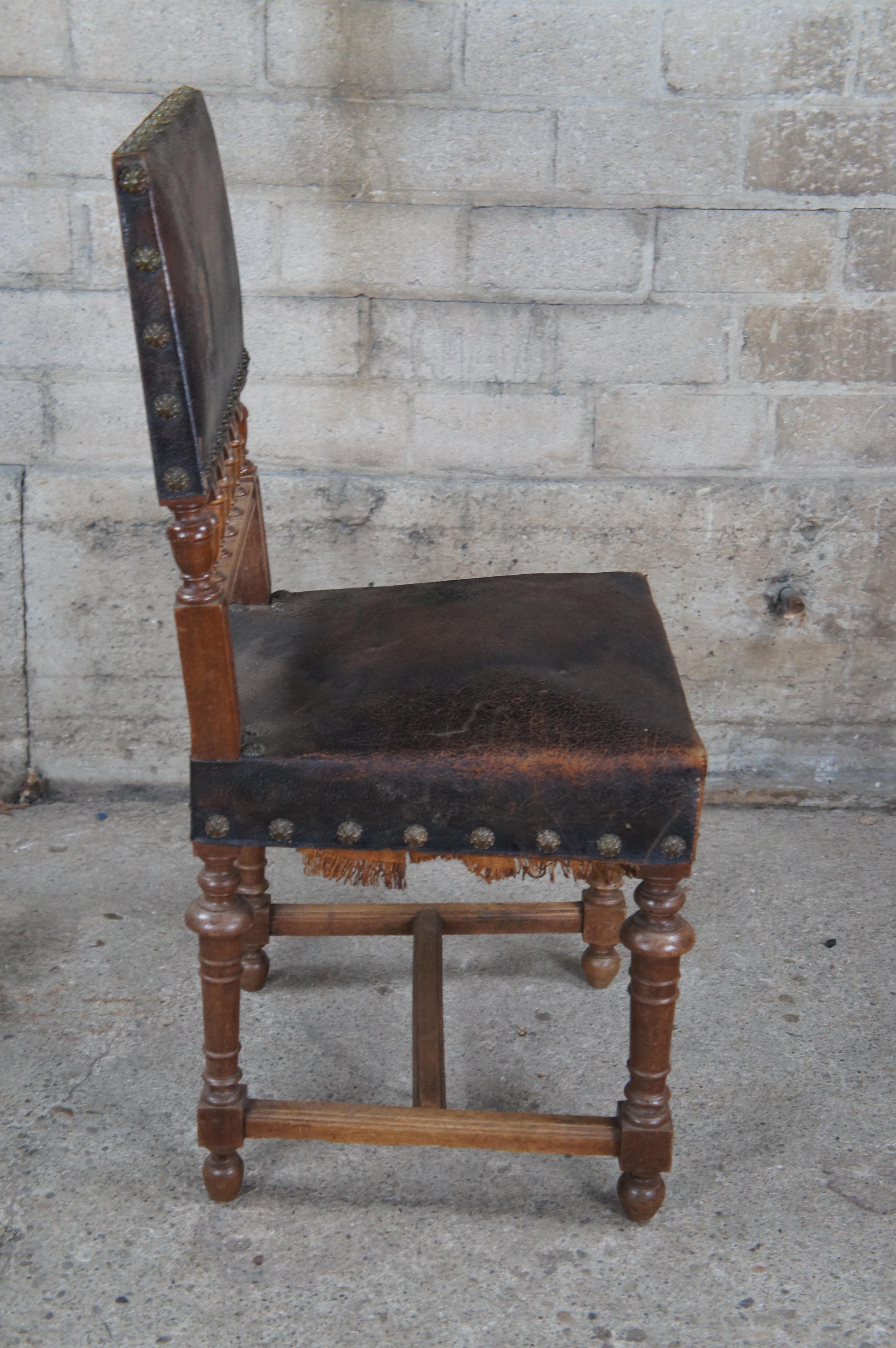 Antique Henry II Carved Walnut Upholstered Leather Dining Side Accent Chair For Sale 3