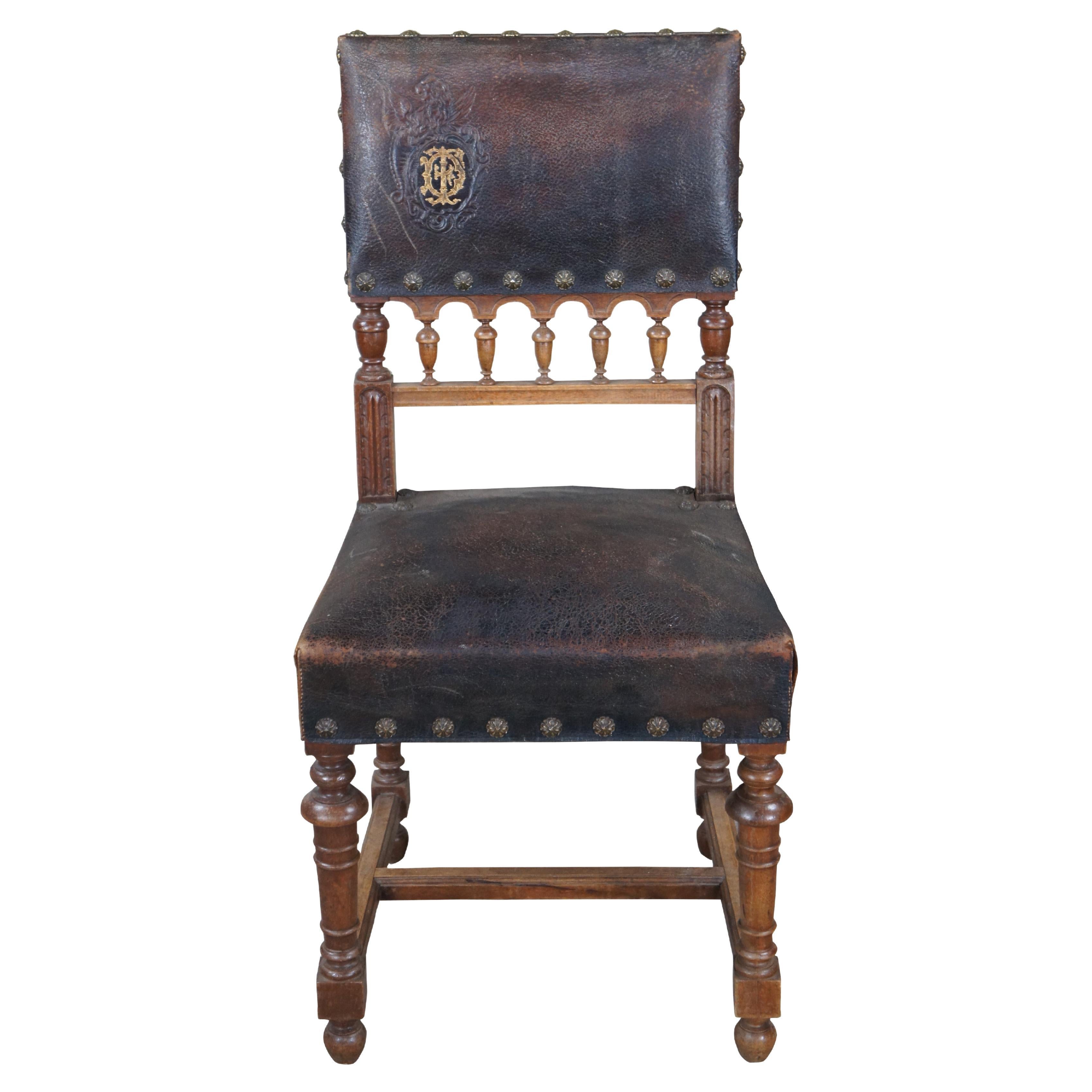 Antique Henry II Carved Walnut Upholstered Leather Dining Side Accent Chair