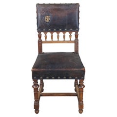 Used Henry II Carved Walnut Upholstered Leather Dining Side Accent Chair