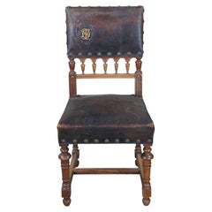 Antique Henry II Carved Walnut Leather Nailhead Accent Chair w Heraldic Crest