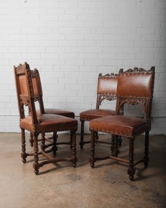 Antique Henry II Renaissance Style Brown Leather and Wood Chairs