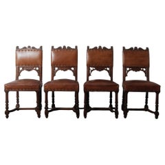 Antique Henry II Renaissance Style Brown Leather and Wood Chairs