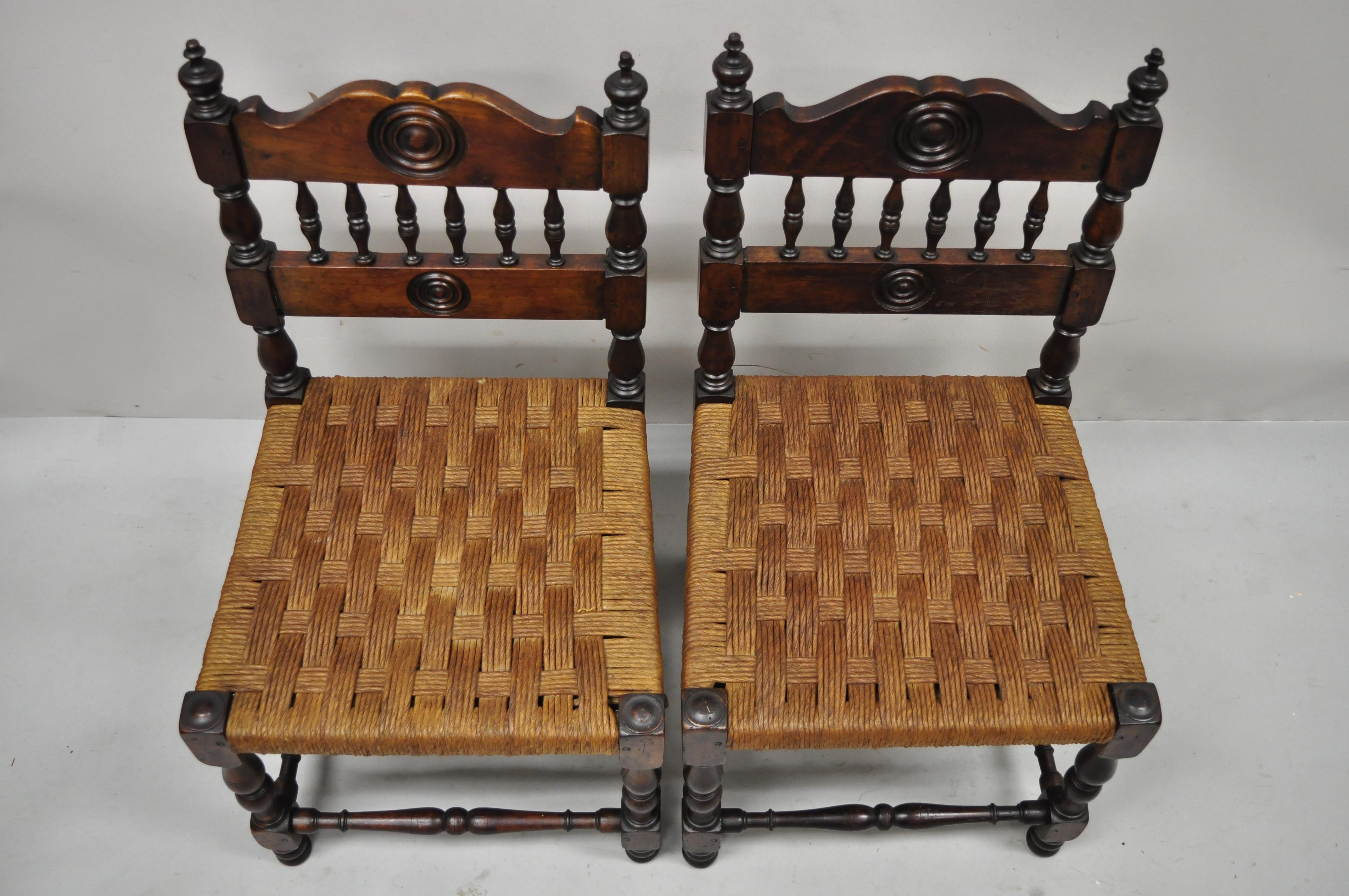 19th Century Antique Henry II Walnut Rush Seat Small Childrens Child Side Chairs, a Pair For Sale