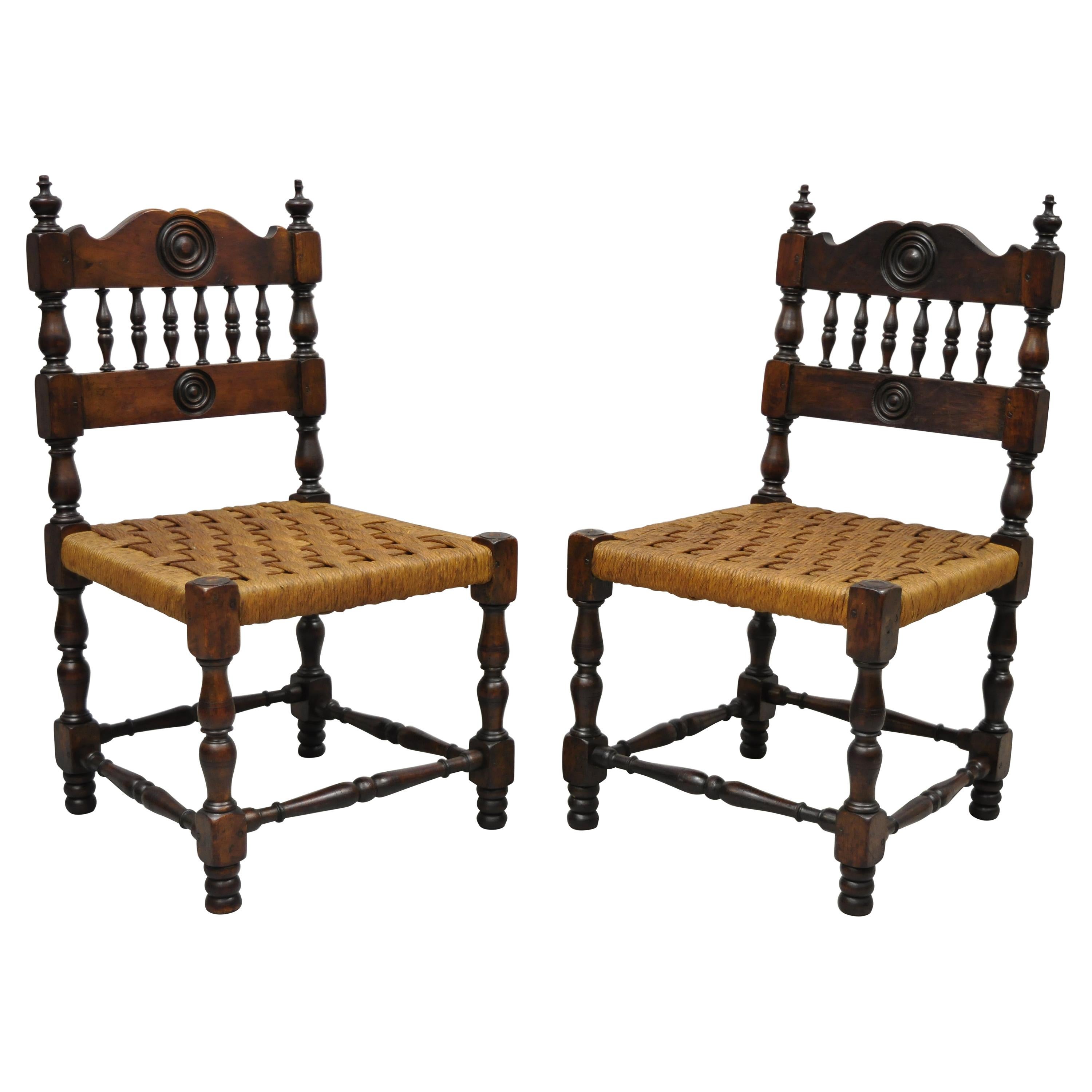 Antique Henry II Walnut Rush Seat Small Childrens Child Side Chairs, a Pair