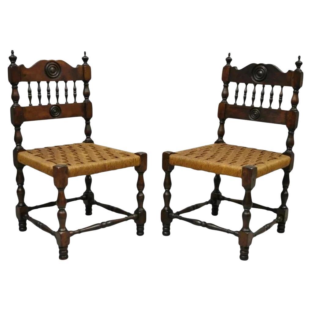 Antique Henry II Walnut Rush Seat Small Children's Child Side Chairs - a Pair