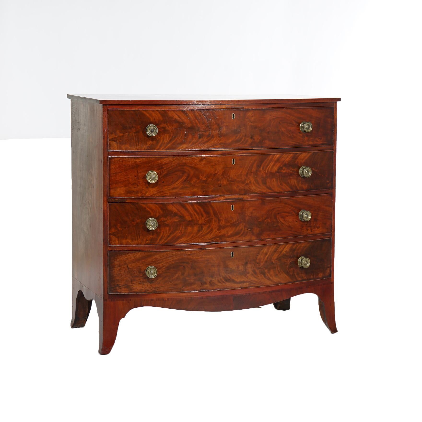 Antique Hepplewhite Bow Front Flame Mahogany Four Drawer Chest C1830’s In Good Condition In Big Flats, NY