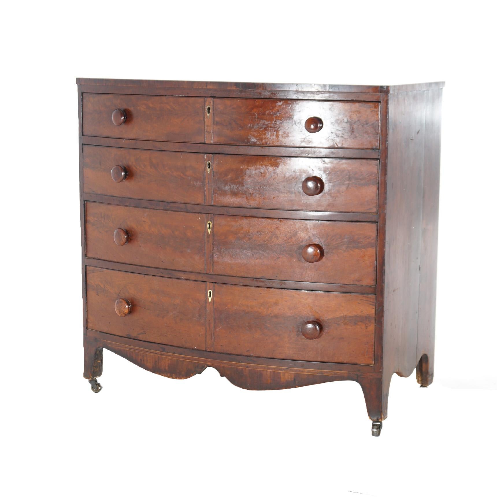 English Antique Hepplewhite Flame Mahogany Bow Front Chest of Drawers c1830