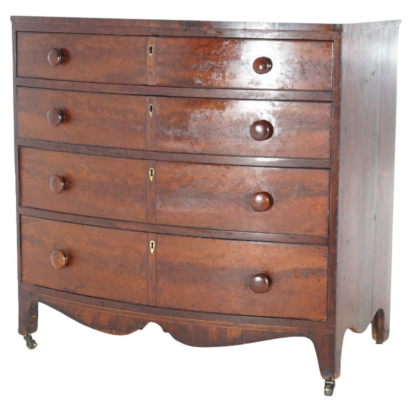 Antique Hepplewhite Flame Mahogany Bow Front Chest of Drawers c1830