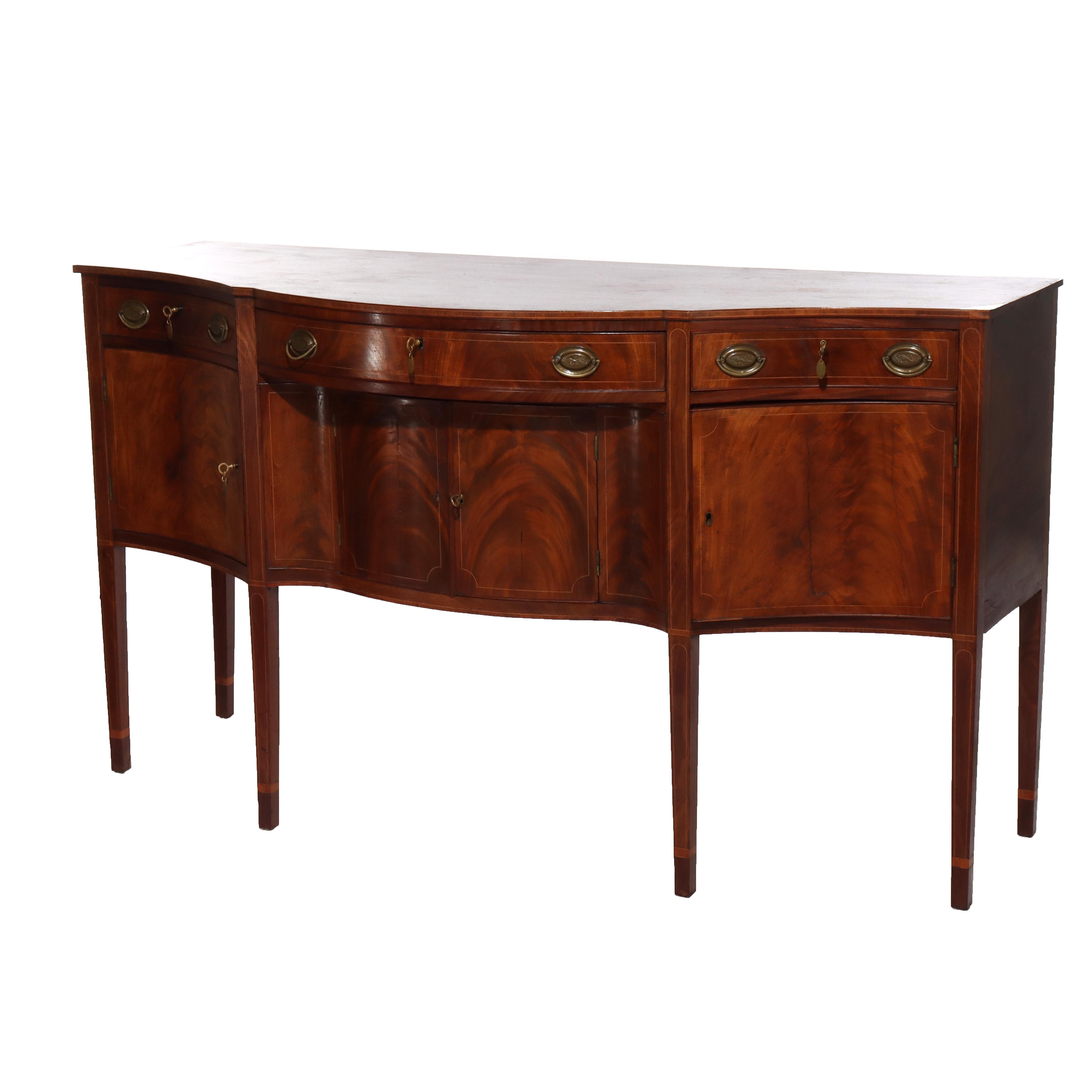 Antique Hepplewhite Flame Mahogany Side Board With Satinwood Banding 19thC

Measures - 41 1/8