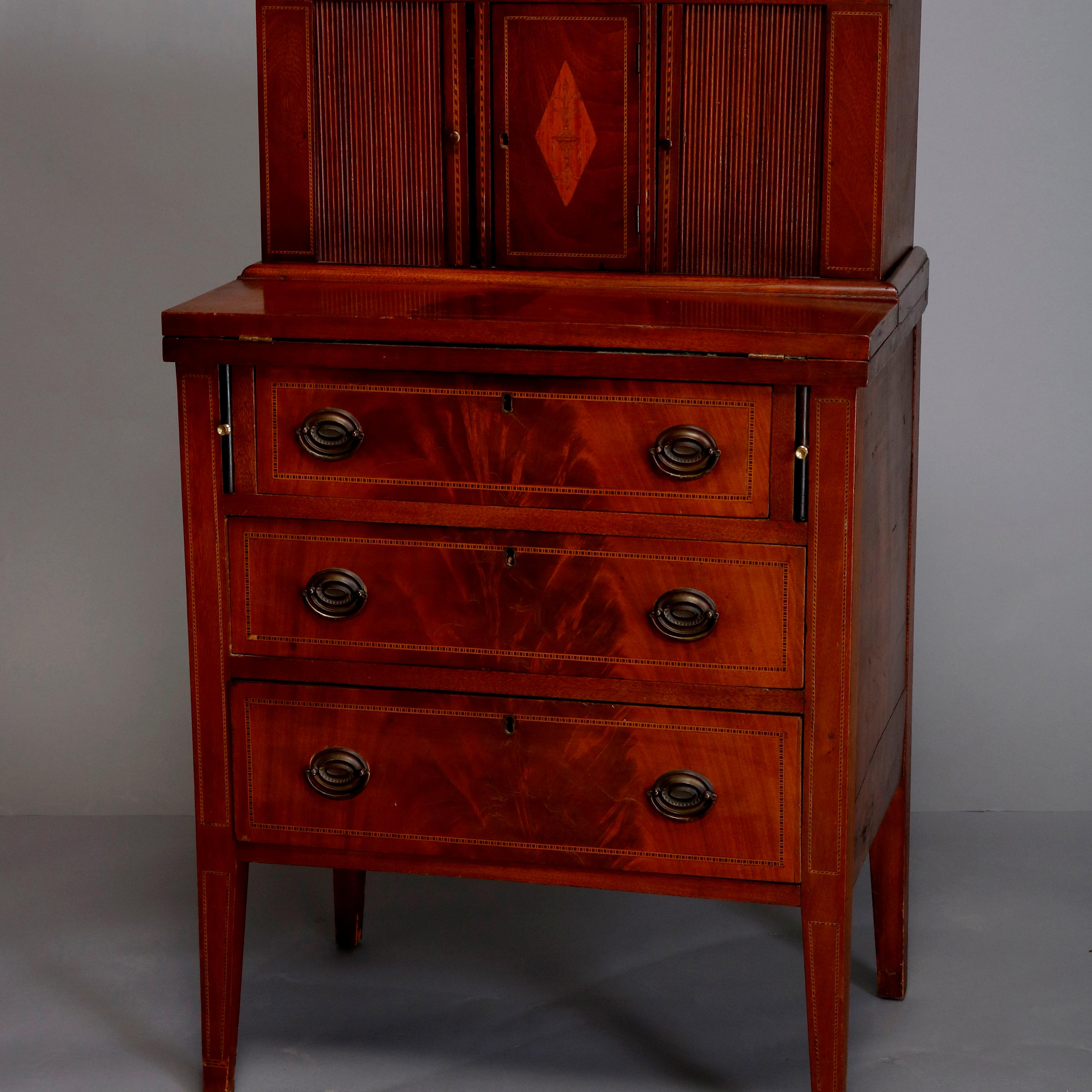 Hepplewhite Inlaid Flame Mahogany Diminutive Tambour Secretary, circa 1900 8