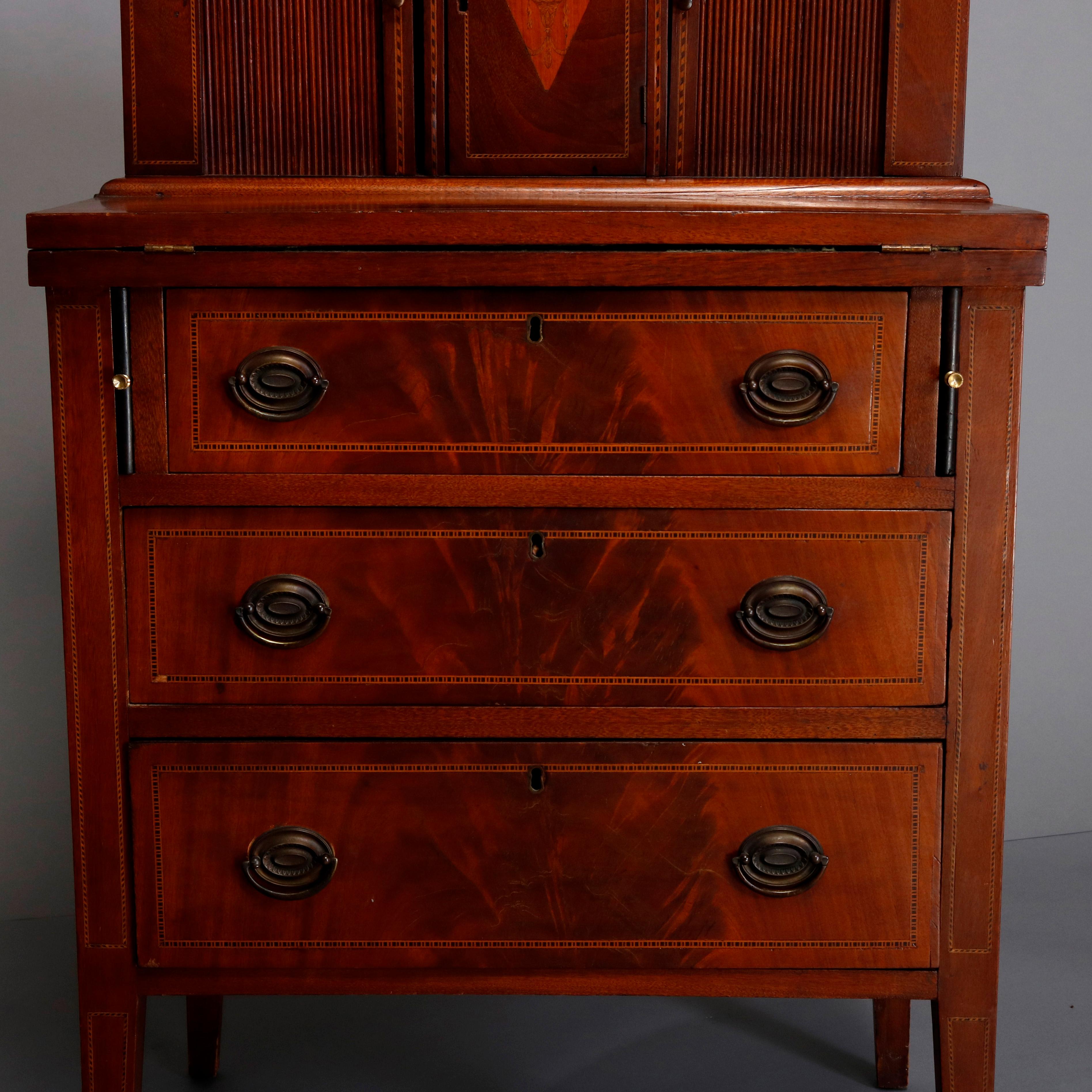 Bronze Hepplewhite Inlaid Flame Mahogany Diminutive Tambour Secretary, circa 1900