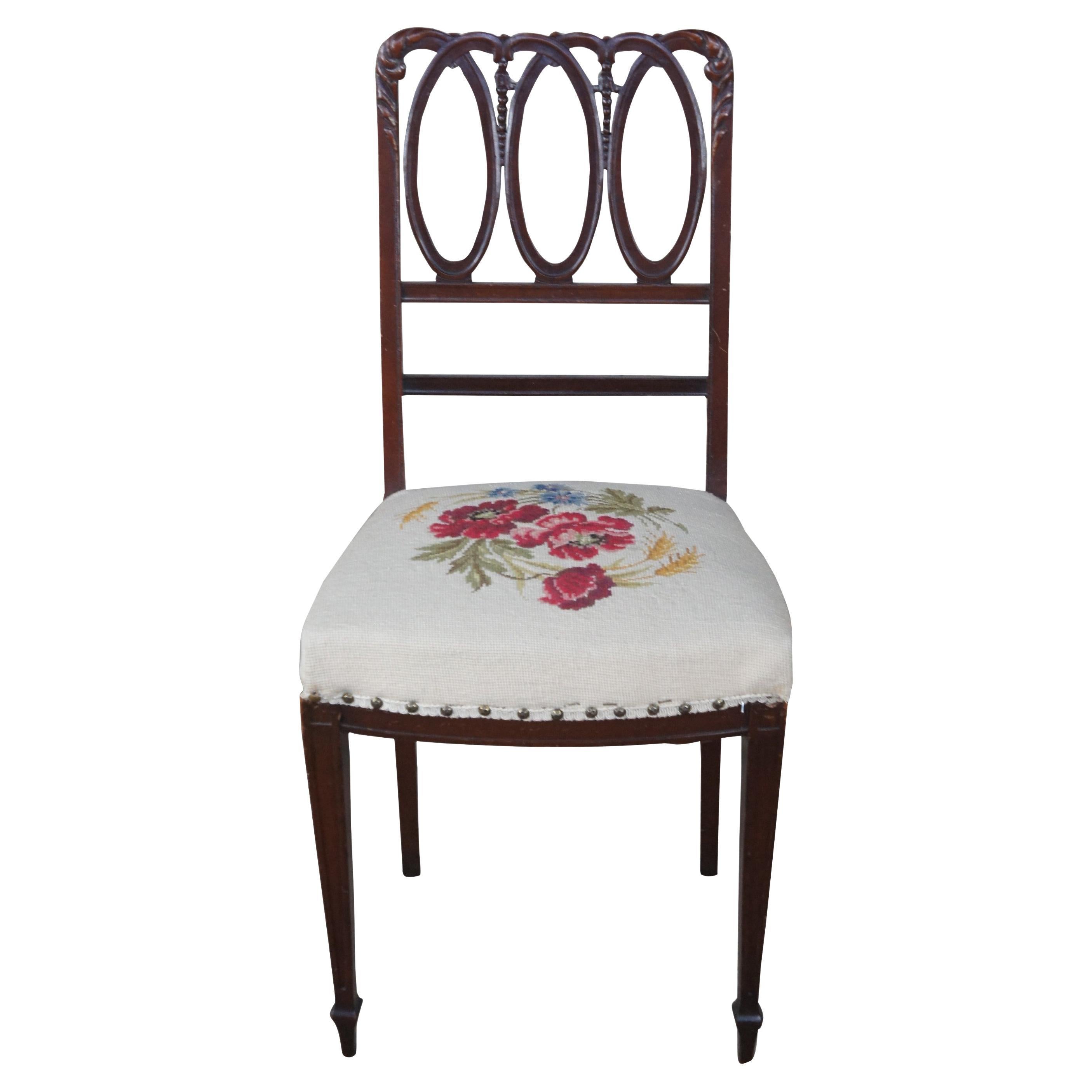 Antique Hepplewhite Mahogany Needlepoint Hoop Back Side Dining Accent Chair  For Sale