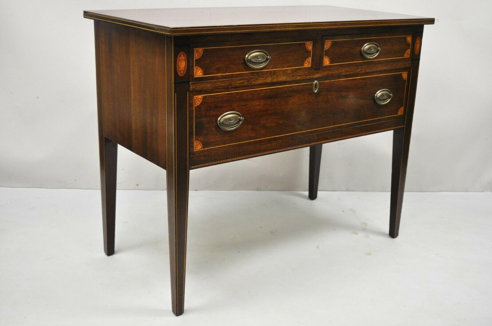 Antique Hepplewhite Mahogany Satinwood Inlay 3 Drawer Server Sideboard. item features satinwood pencil inlay, beautiful wood grain, no key, but unlocked, tapered legs, solid brass hardware, very nice antique item, quality craftsmanship's. Circa