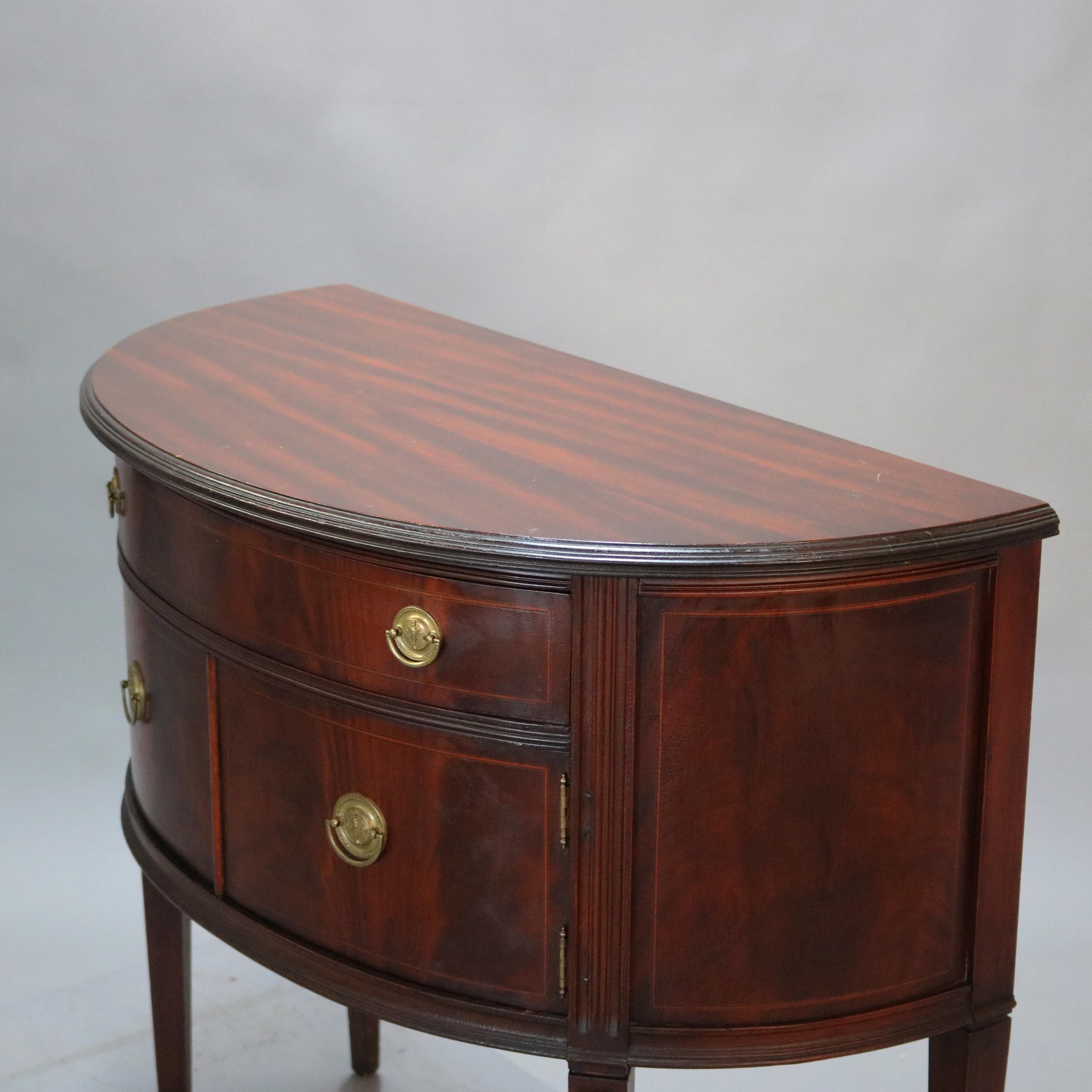 Antique Hepplewhite Style Flame Satinwood Inlaid Mahogany Demilune Server, c1930 In Good Condition In Big Flats, NY