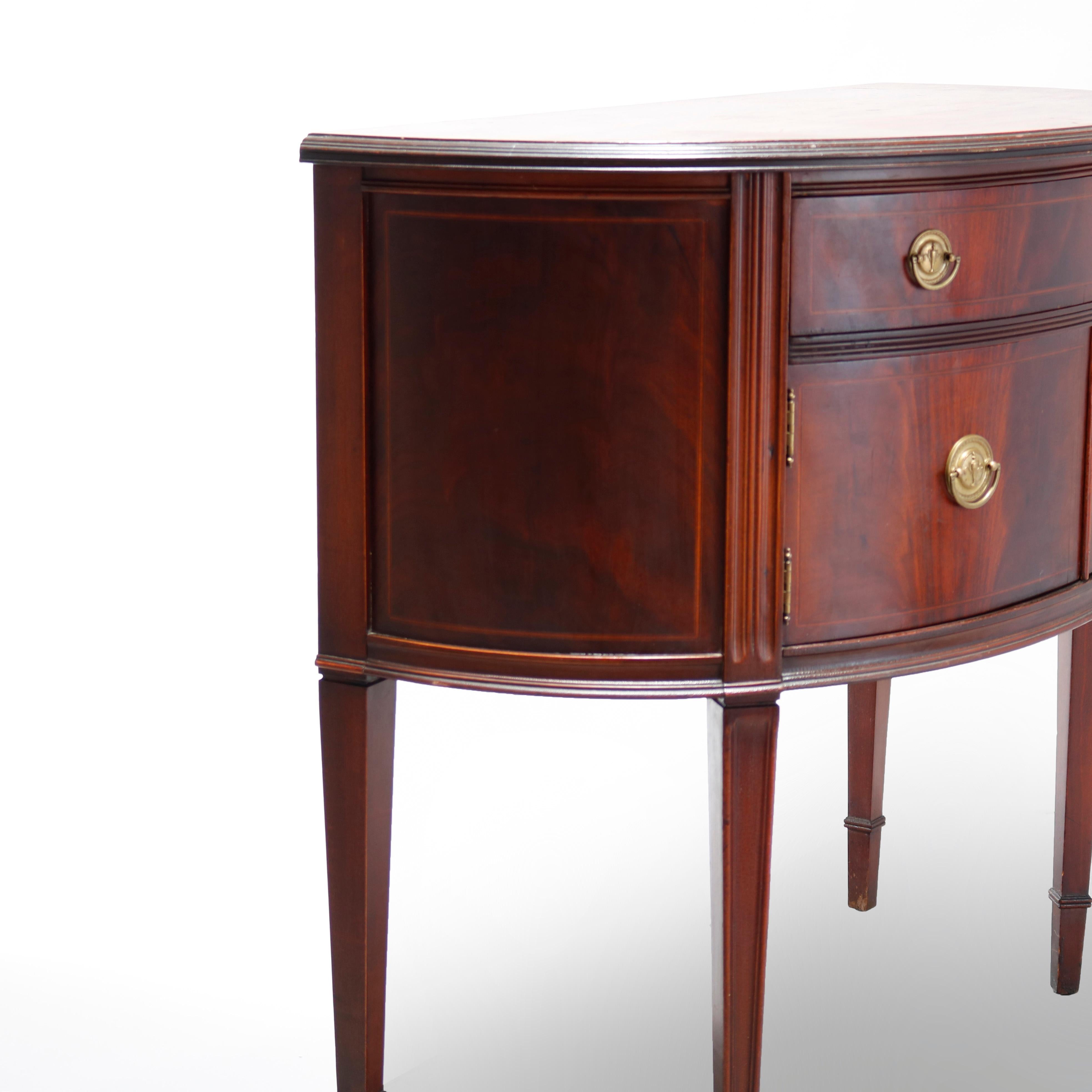 20th Century Antique Hepplewhite Style Flame Satinwood Inlaid Mahogany Demilune Server, c1930