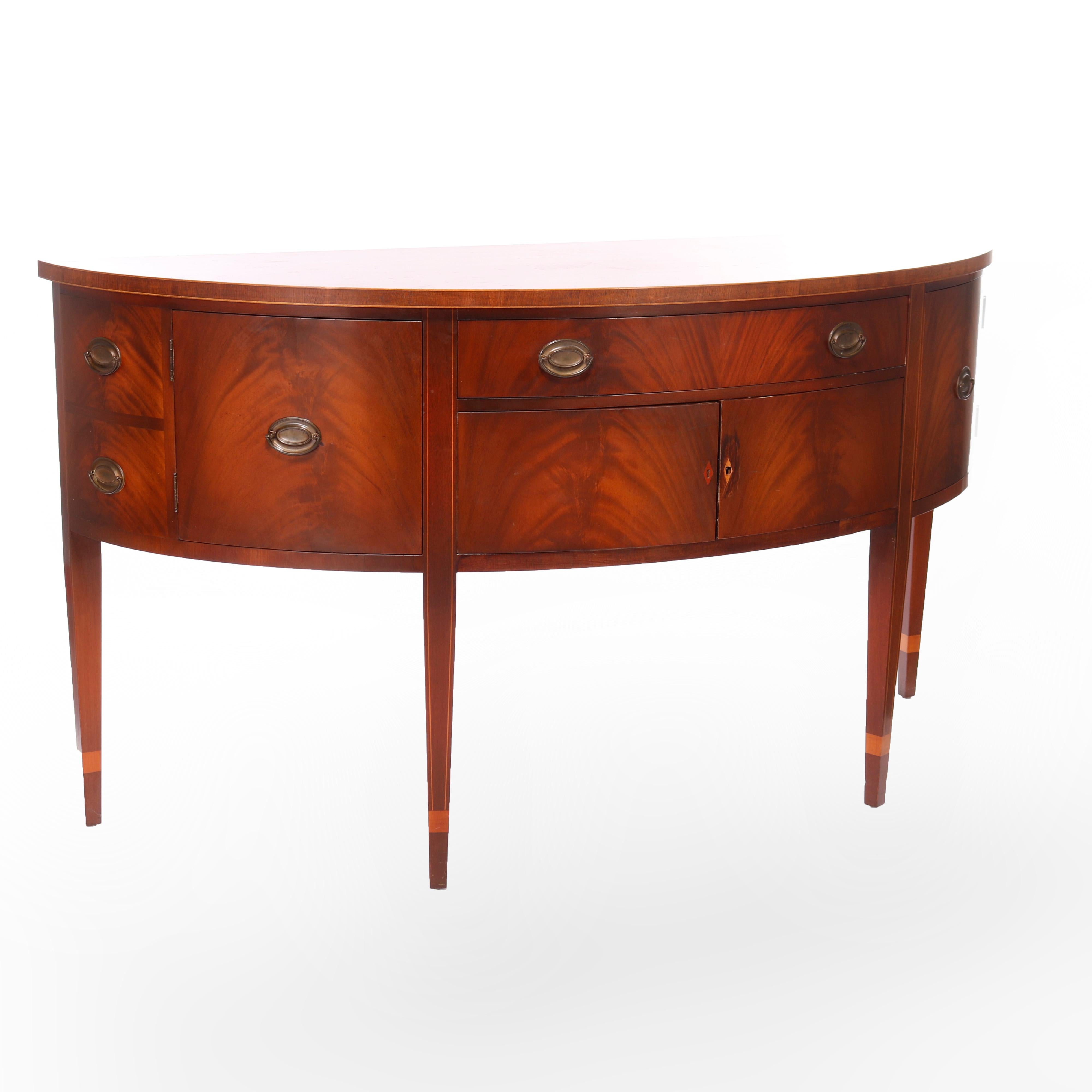 American Antique Hepplewhite Style Kittinger Flame Mahogany Demilune Sideboard c1930 For Sale