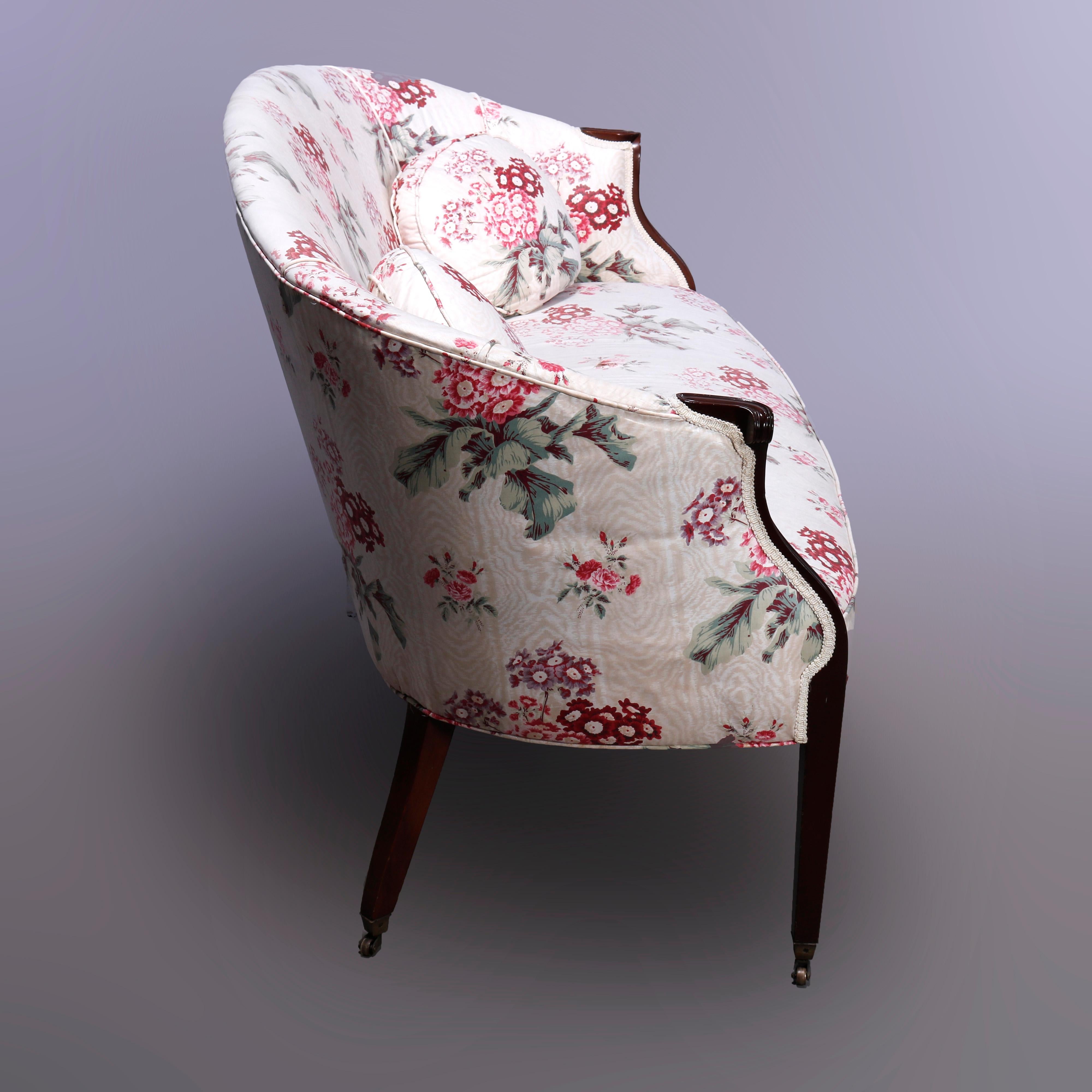 American Antique Hepplewhite Style Upholstered Mahogany Settee Sofa circa 1930