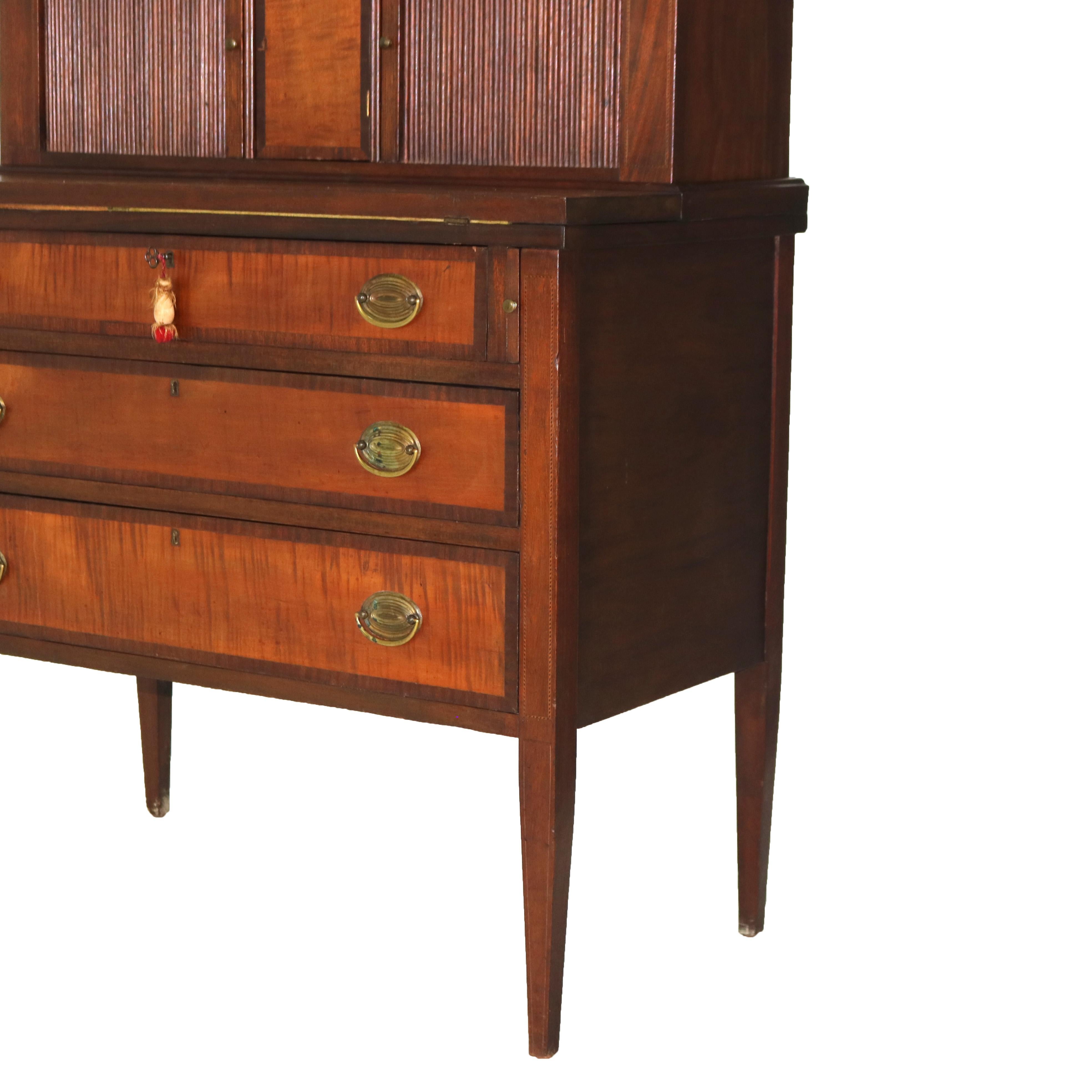 Antique Hepplewhite Tambour Mahogany and Tiger Maple Secretary C1830 In Good Condition In Big Flats, NY