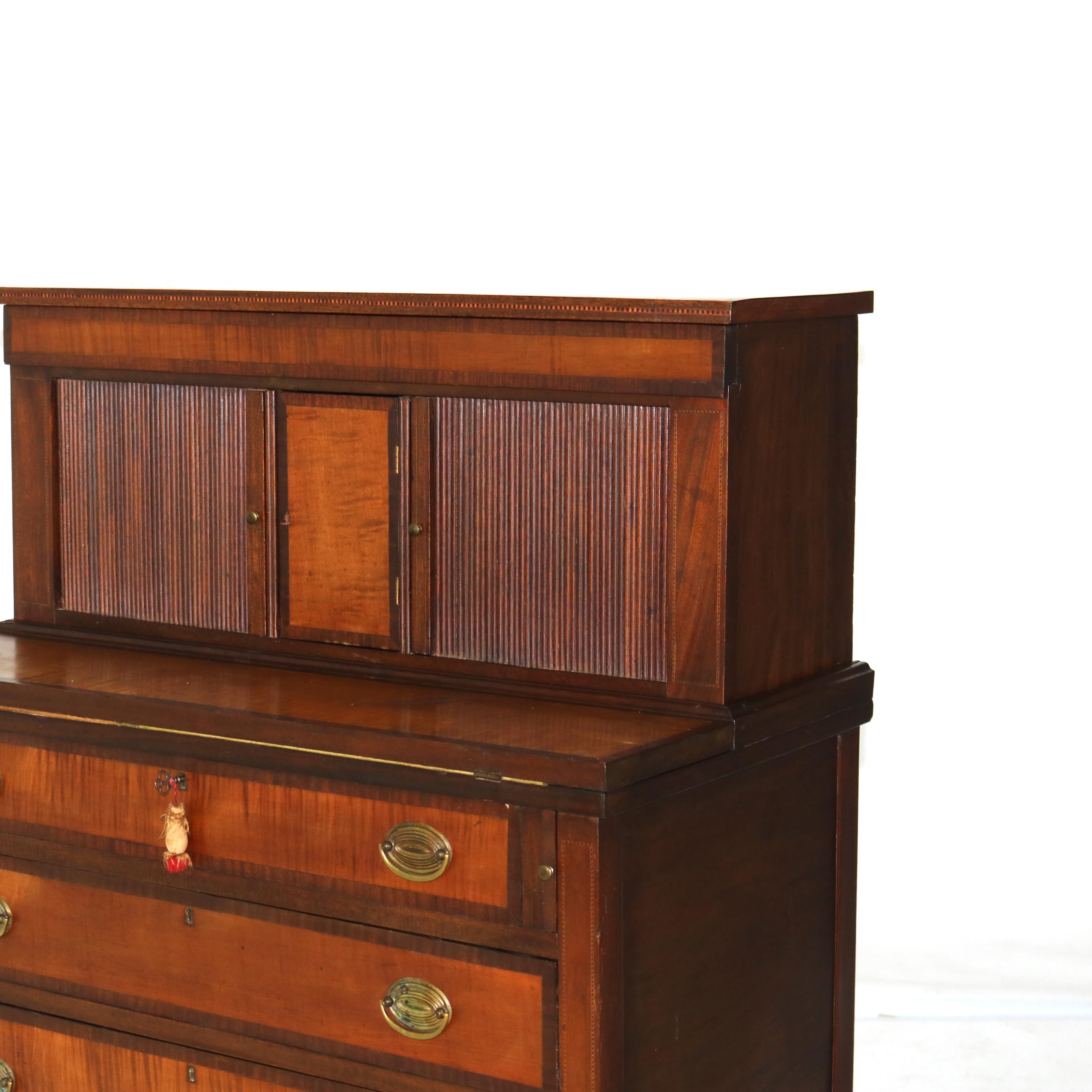19th Century Antique Hepplewhite Tambour Mahogany and Tiger Maple Secretary C1830