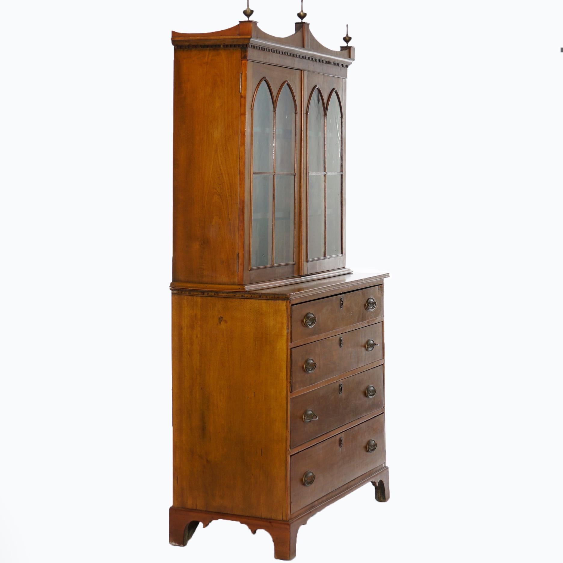 English Antique Hepplewhite Two Piece Cherry Breakfront Cabinet, circa 1830