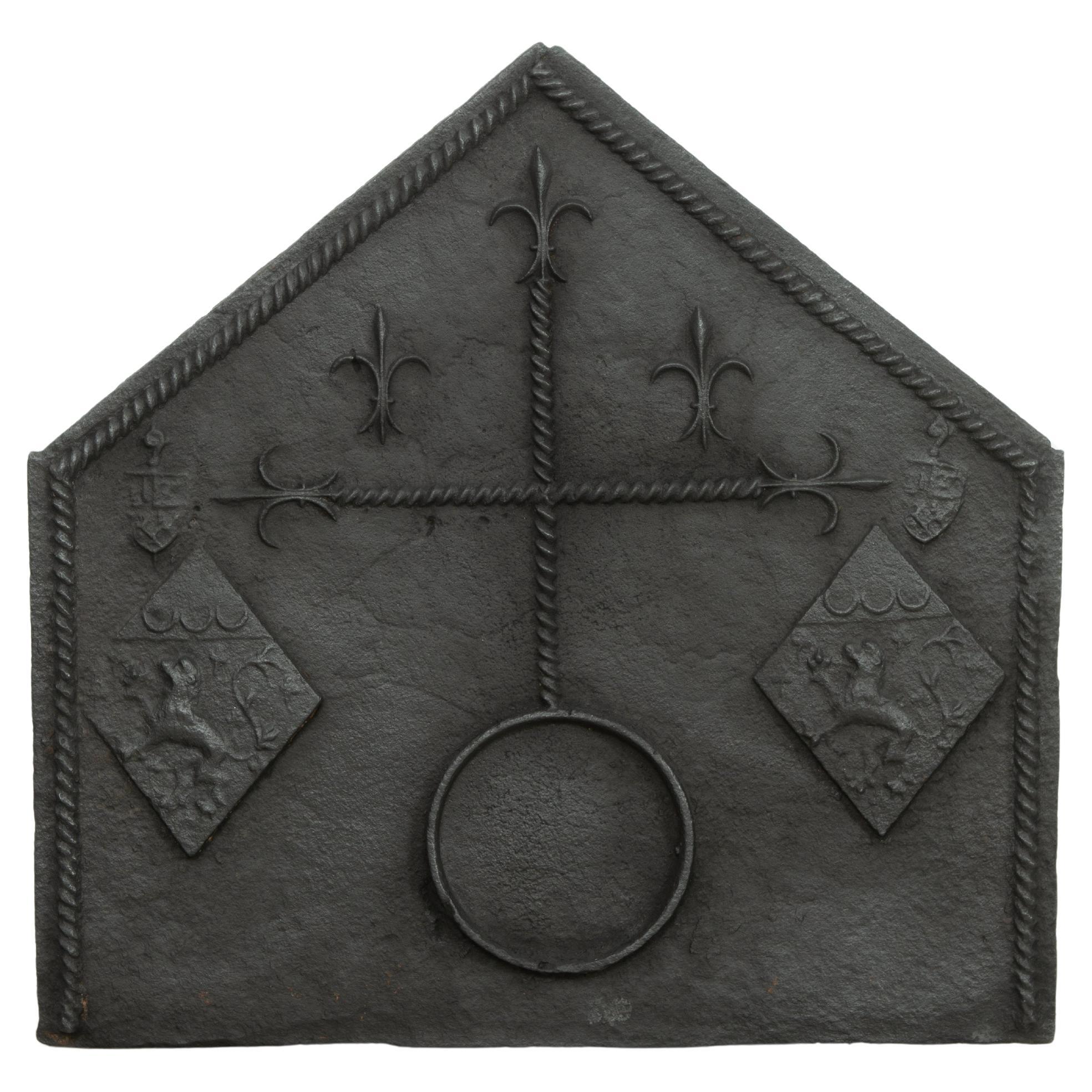 Antique Heraldic Cast Iron Fireback with Fleur-de-Lis and Lion Shields, 17th C.