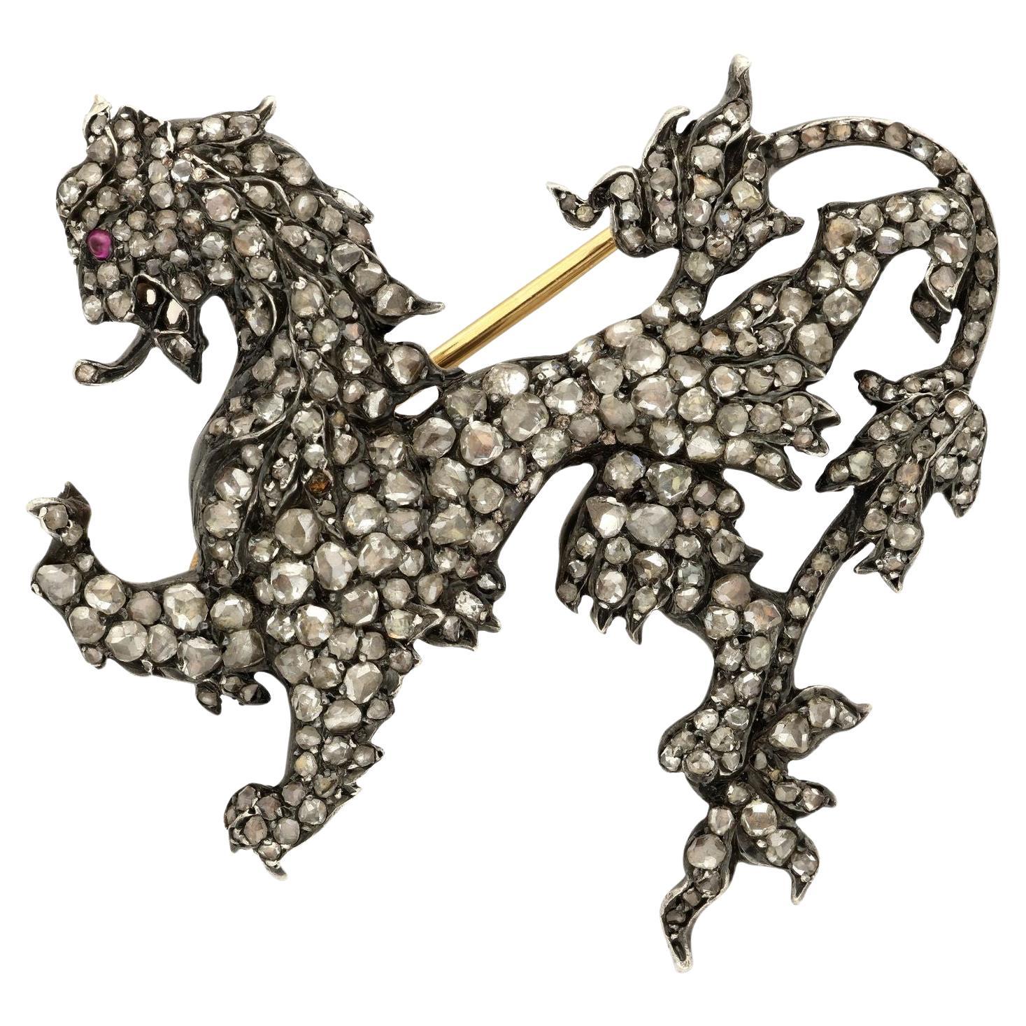 Antique Heraldic Lion Diamond Brooch Circa 1880
