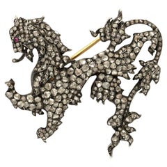 Antique Heraldic Lion Diamond Brooch Circa 1880