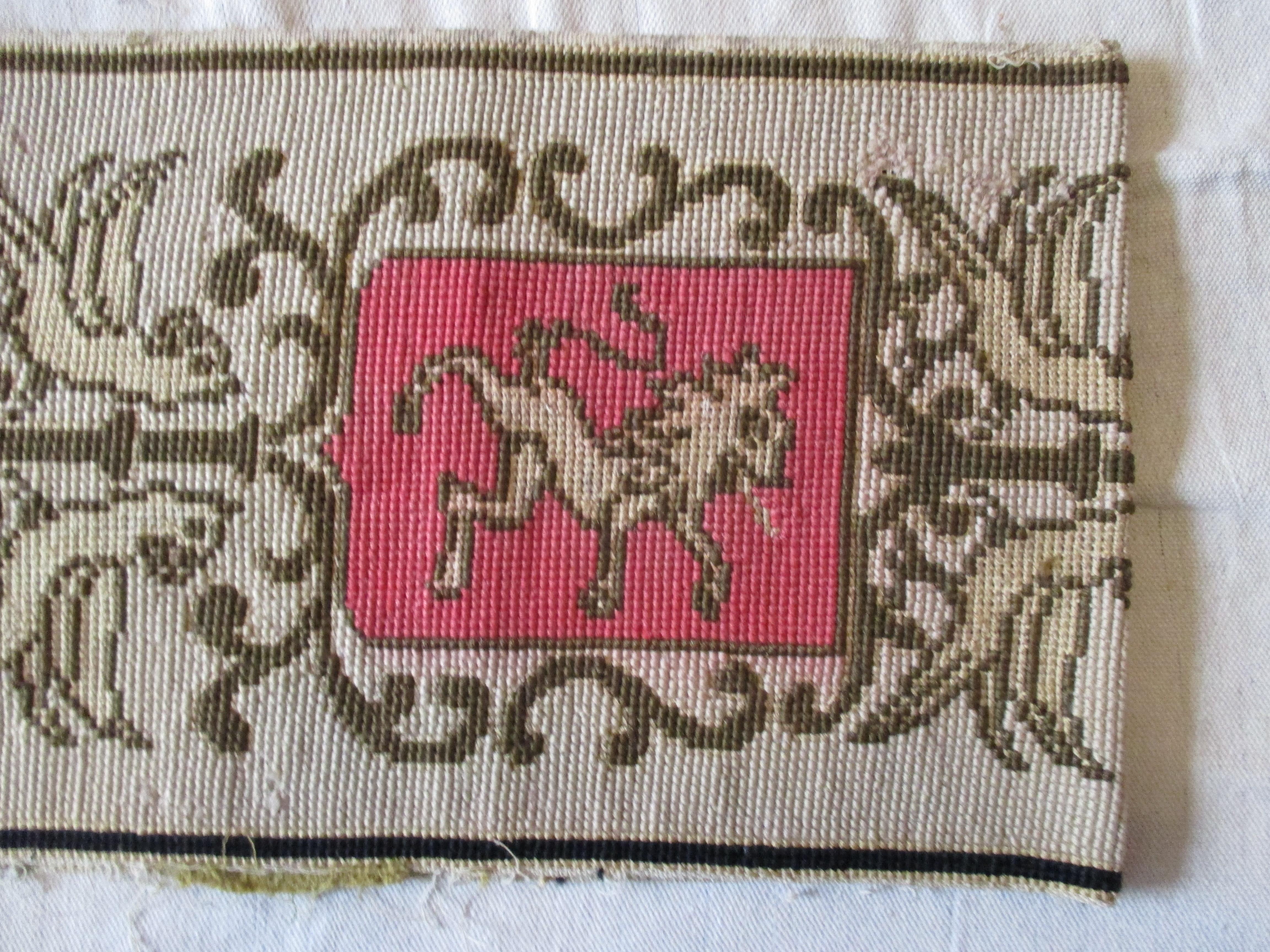 French Antique Heraldic Needlepoint Tapestry Border For Sale