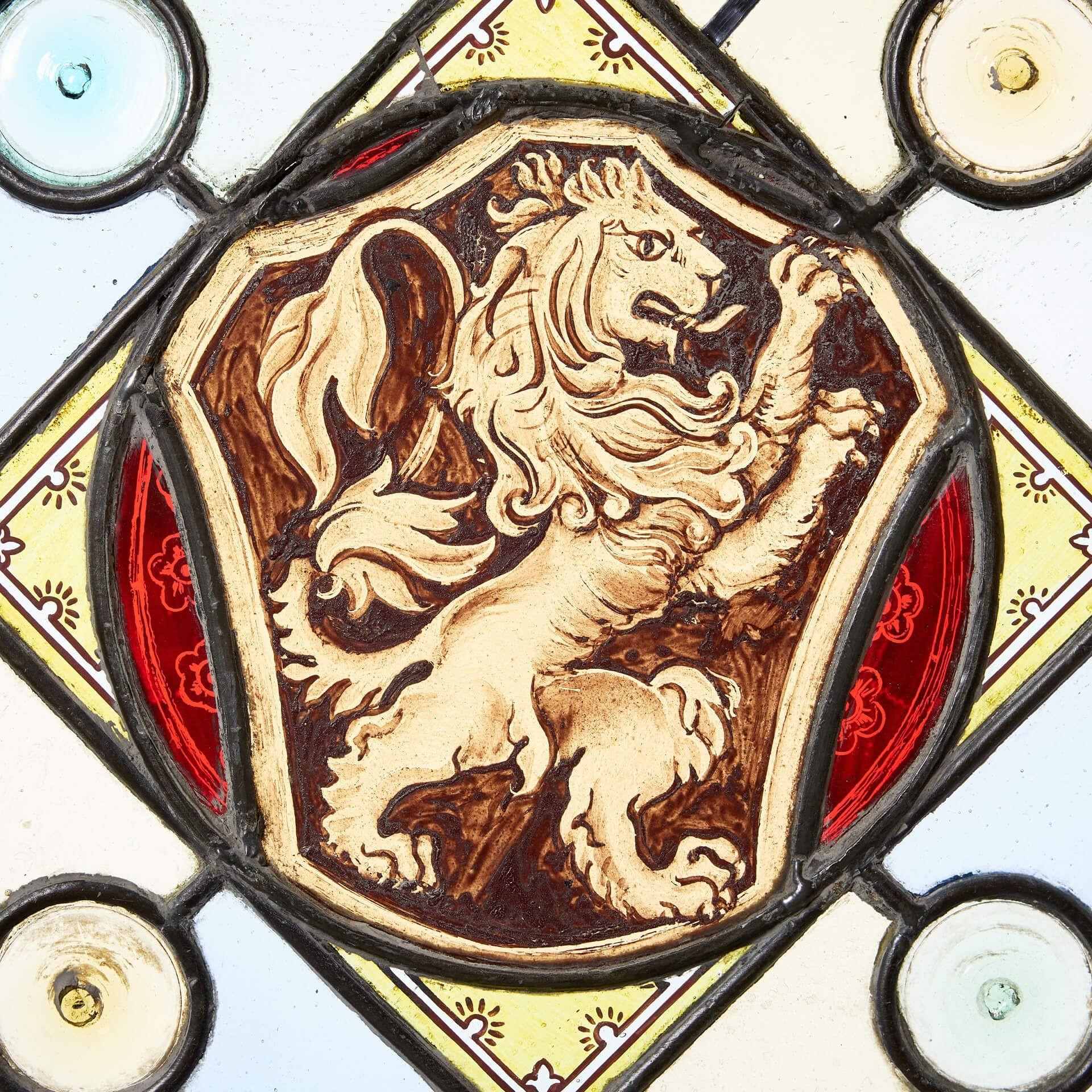 Victorian Antique Heraldic Rampant Lion Stained Glass Panel For Sale
