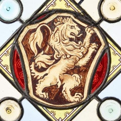 Antique Heraldic Rampant Lion Stained Glass Panel