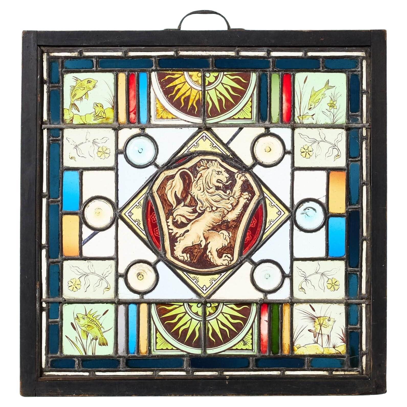 Antique Heraldic Rampant Lion Stained Glass Panel For Sale