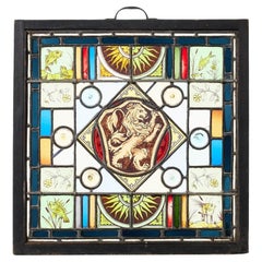 Antique Heraldic Rampant Lion Stained Glass Panel