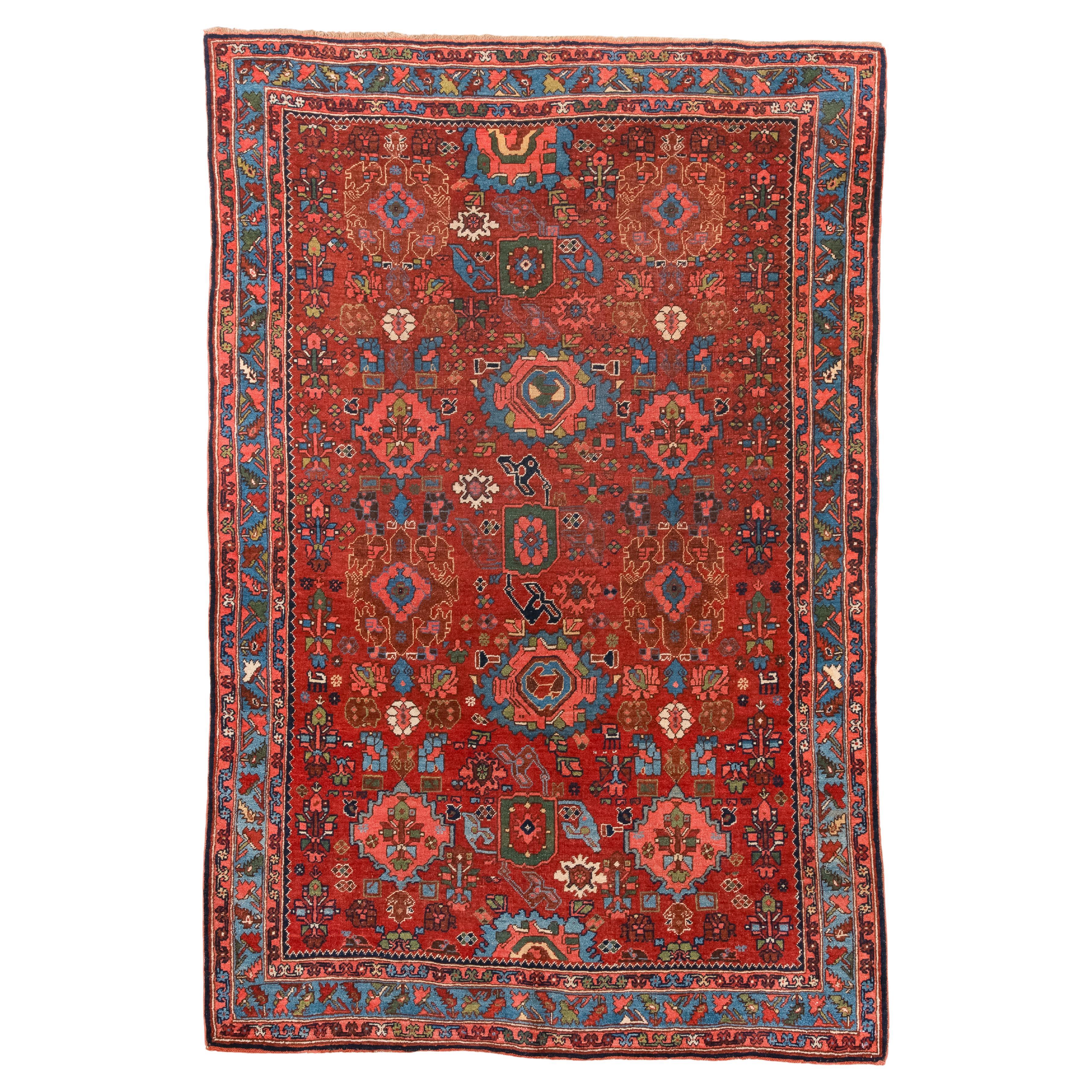 Antiguo Bidjar Herati con Campo Rojo y Detalles Azules