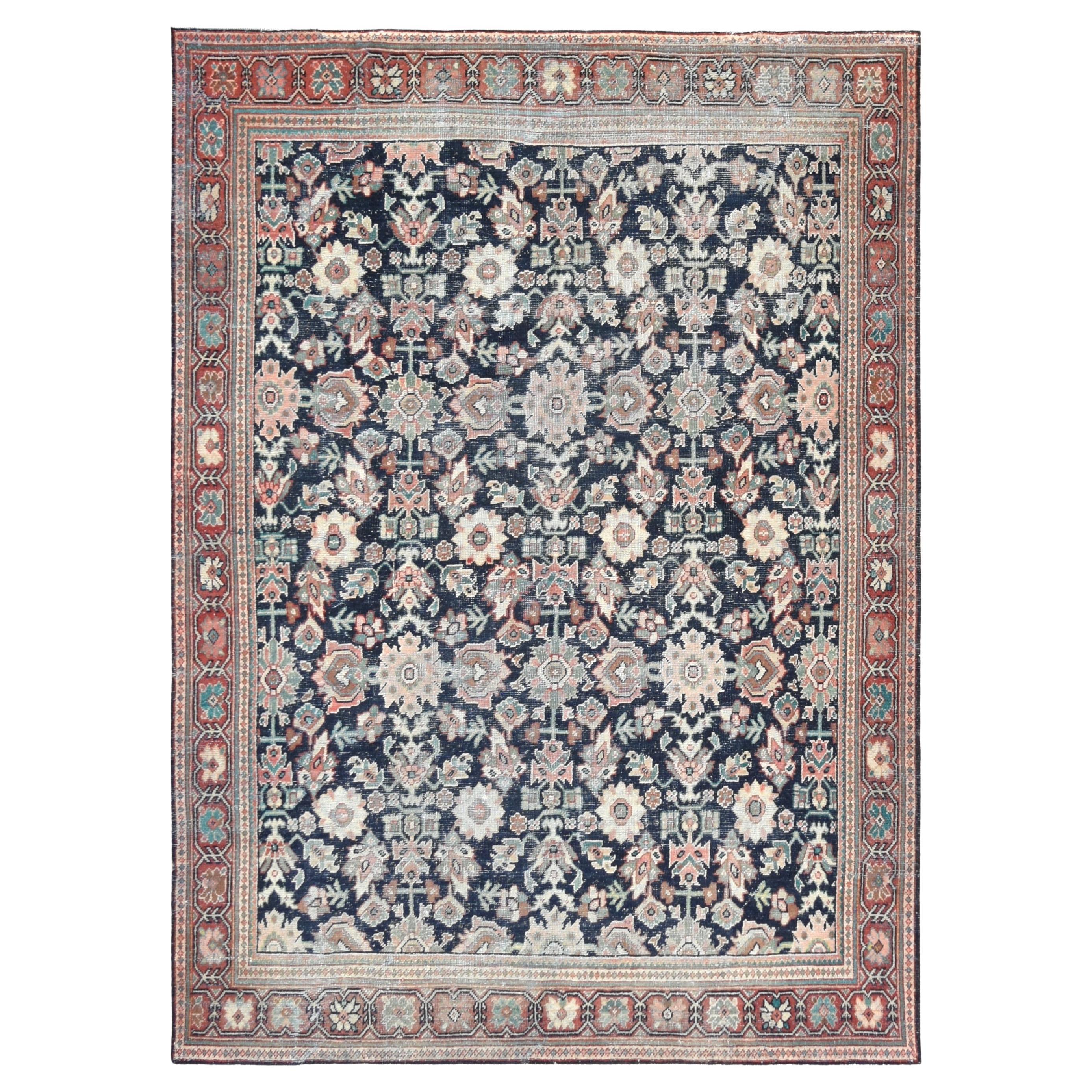 Antique Herati Distressed Mahal Blue and Red Rug 7'10''x10'