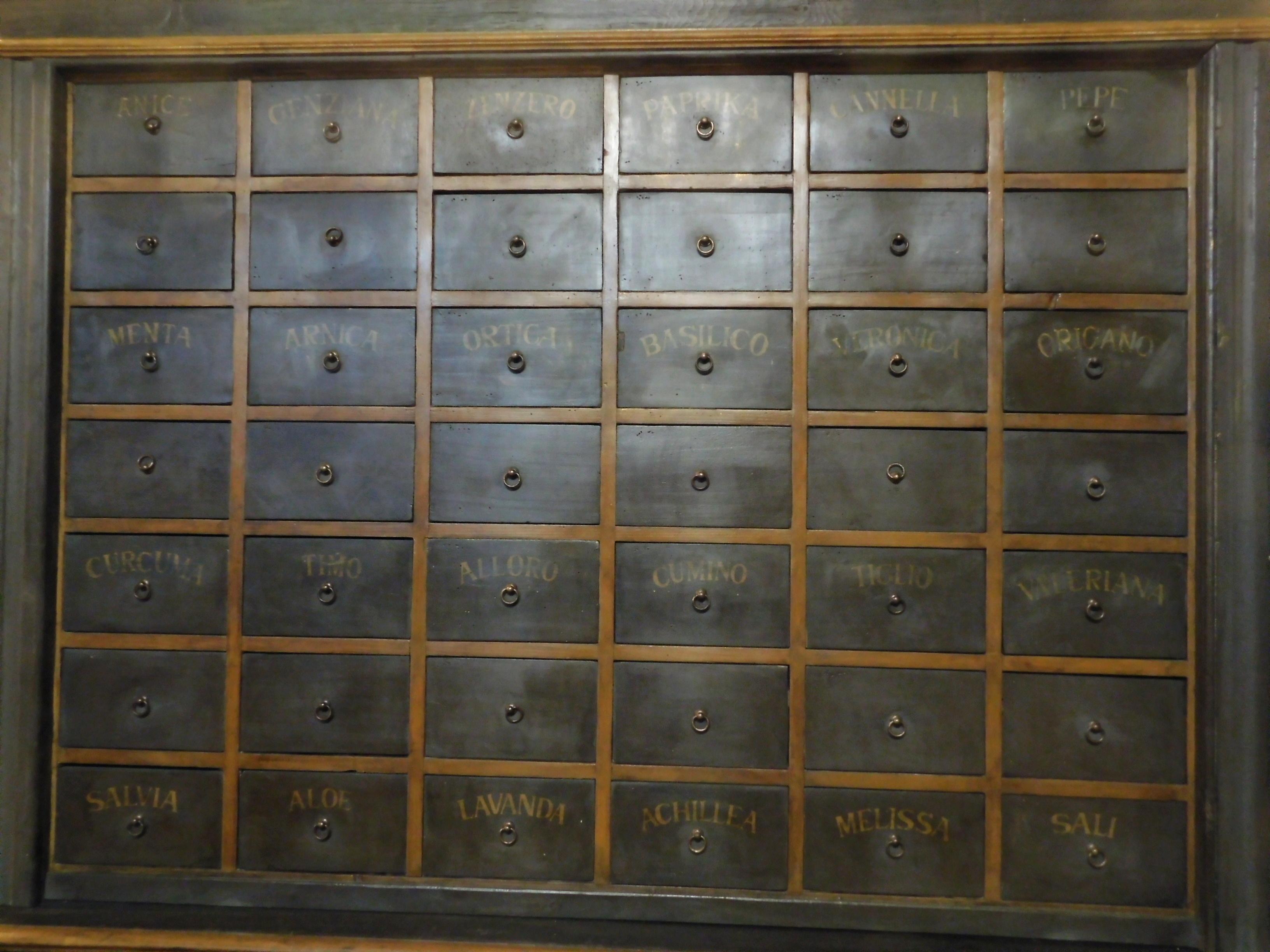 Armoire de pharmacie organique ancienne avec tiroirs nommés, début du 19ème siècle, Italie en vente 4