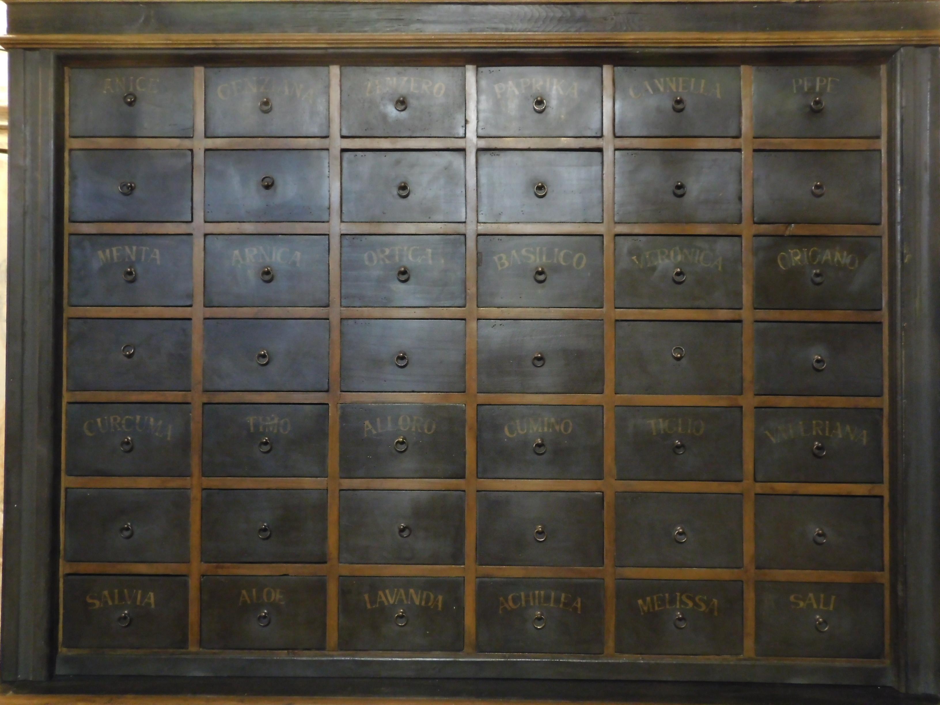 Armoire de pharmacie organique ancienne avec tiroirs nommés, début du 19ème siècle, Italie en vente 5