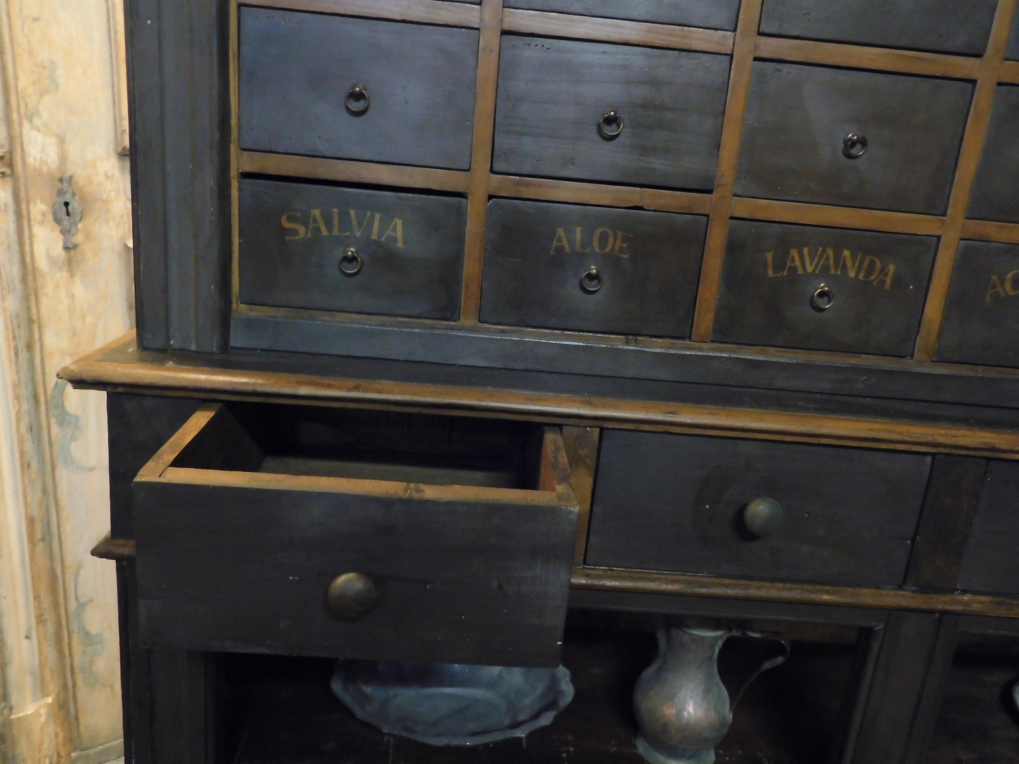 Antiker Herbal Pharmacy-Schrank mit benannten Schubladen, frühes 19. Jahrhundert, Italien (Handgeschnitzt) im Angebot