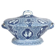 Antique Herculaneum Pottery Neo-Classical Greek Pattern Blue Soup Tureen & Cover