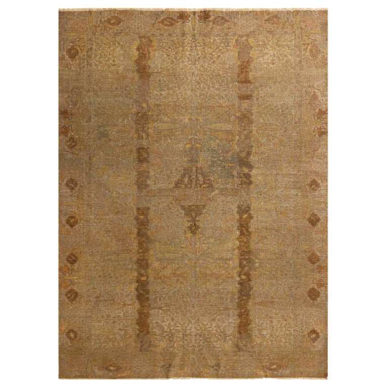 Antique Hereke BeigeBrown and Blue Metallic Wool Rug For Sale at 1stDibs