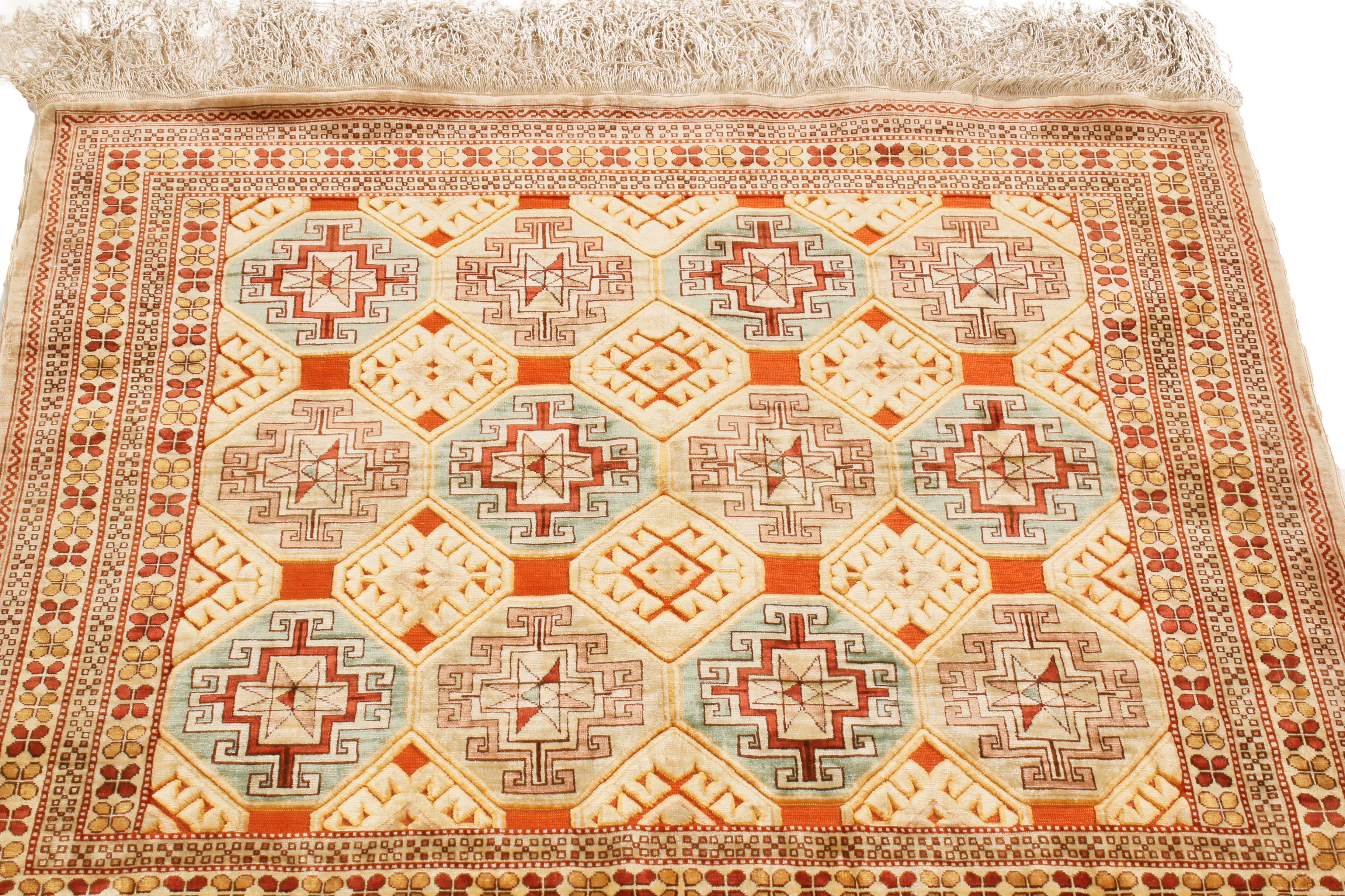 Turkish Antique Hereke Geometric Beige Silk Rug Geometric Pattern by Rug & Kilim For Sale