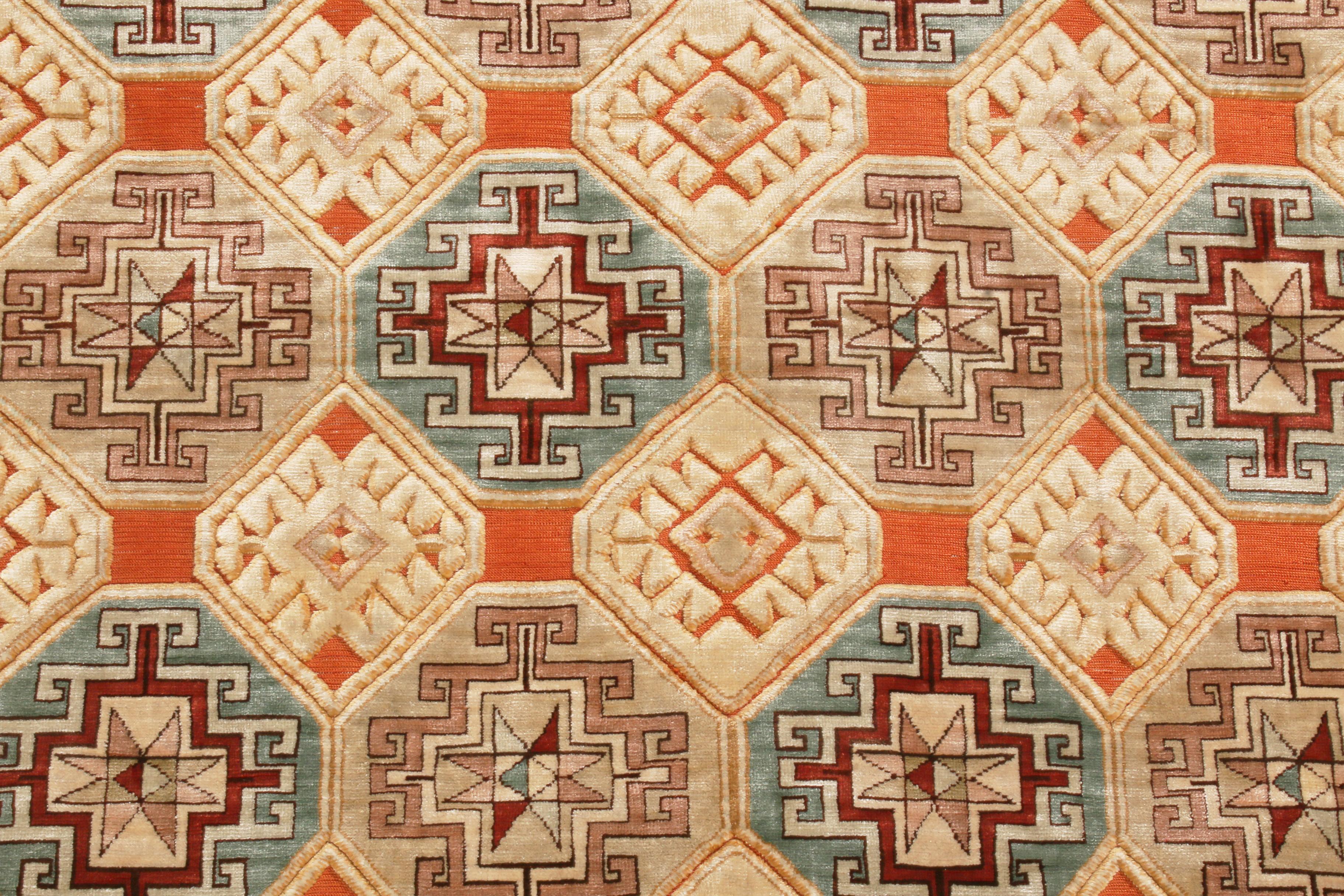 Hand-Knotted Antique Hereke Geometric Beige Silk Rug Geometric Pattern by Rug & Kilim For Sale