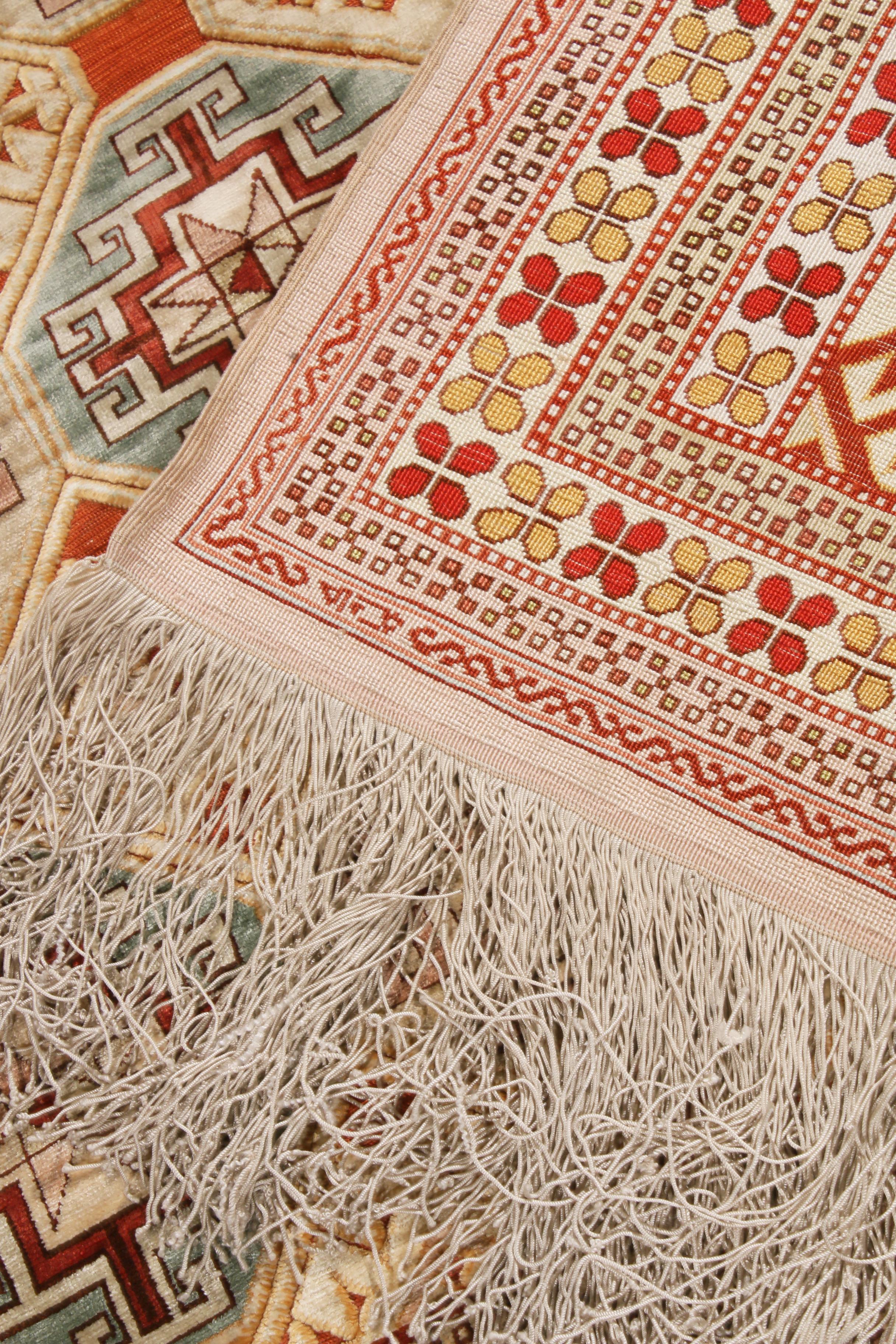Wool Antique Hereke Geometric Beige Silk Rug Geometric Pattern by Rug & Kilim For Sale