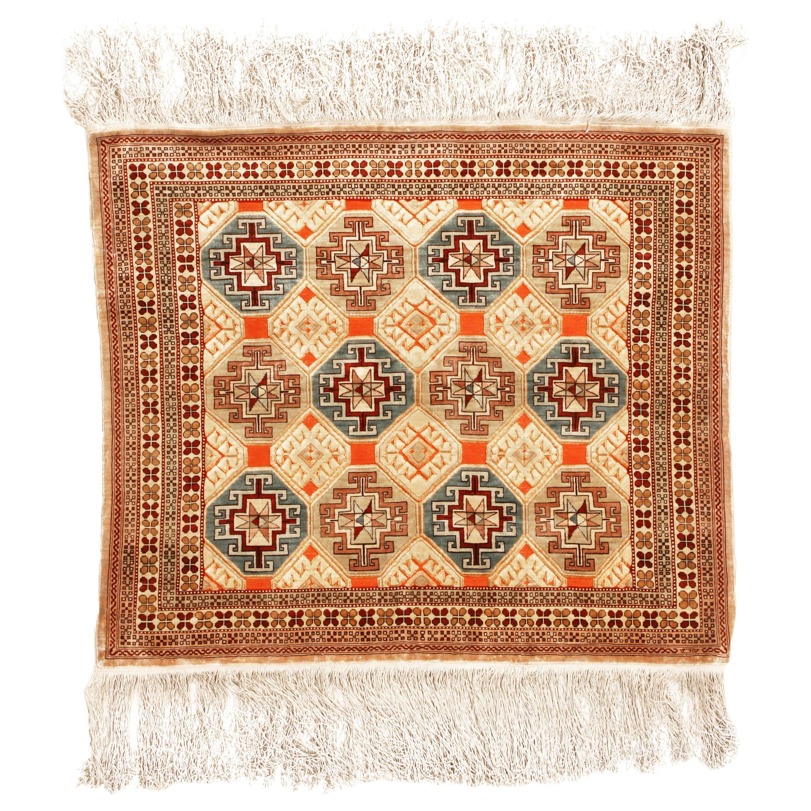 Antique Hereke Geometric Beige Silk Rug Geometric Pattern by Rug & Kilim For Sale