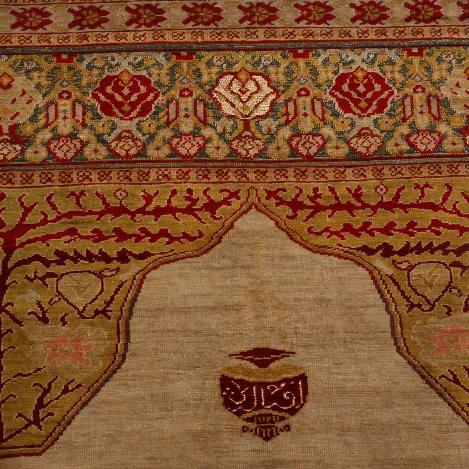 Turkish Antique Hereke Golden-Beige and Red Floral Silk Rug