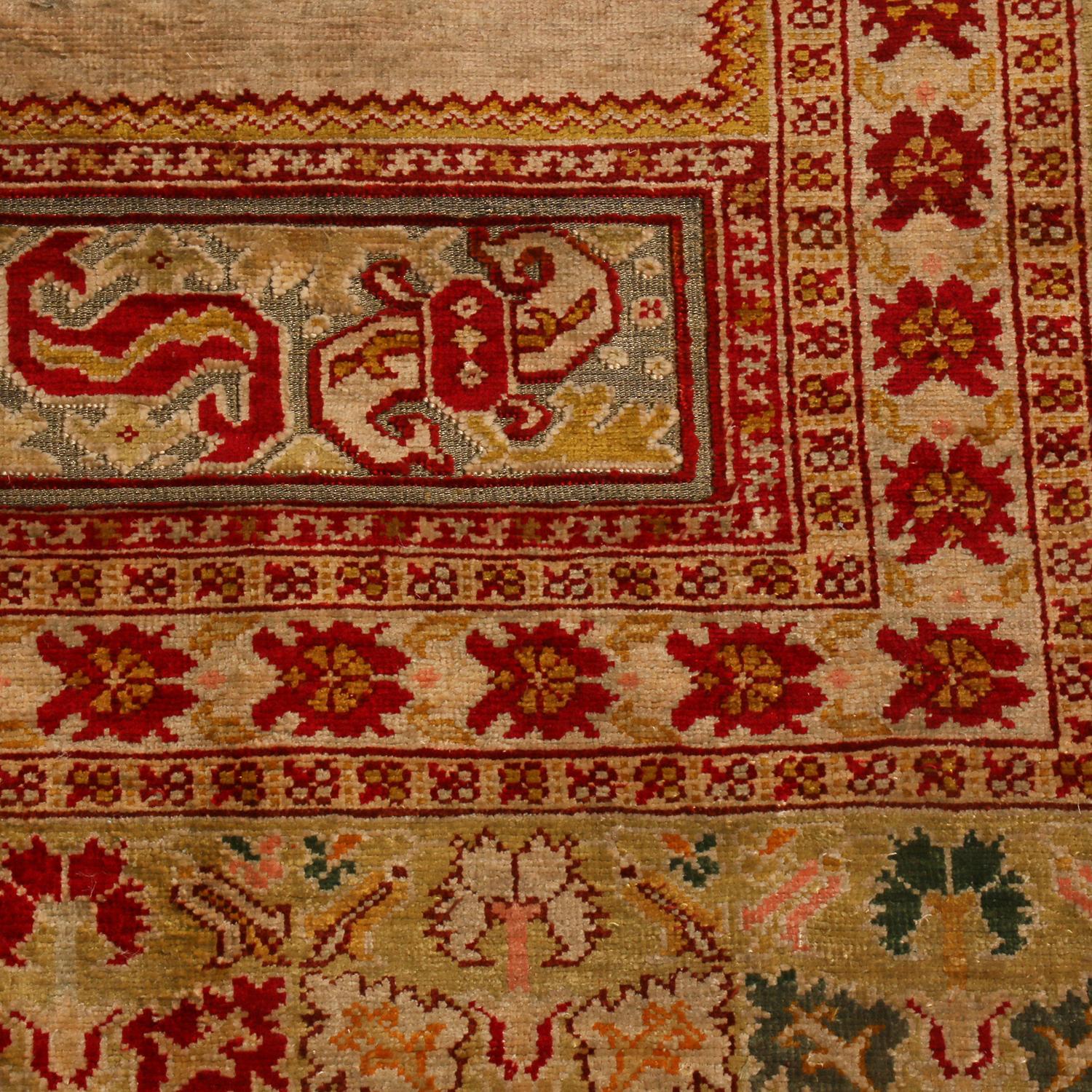 Hand-Knotted Antique Hereke Golden-Beige and Red Floral Silk Rug