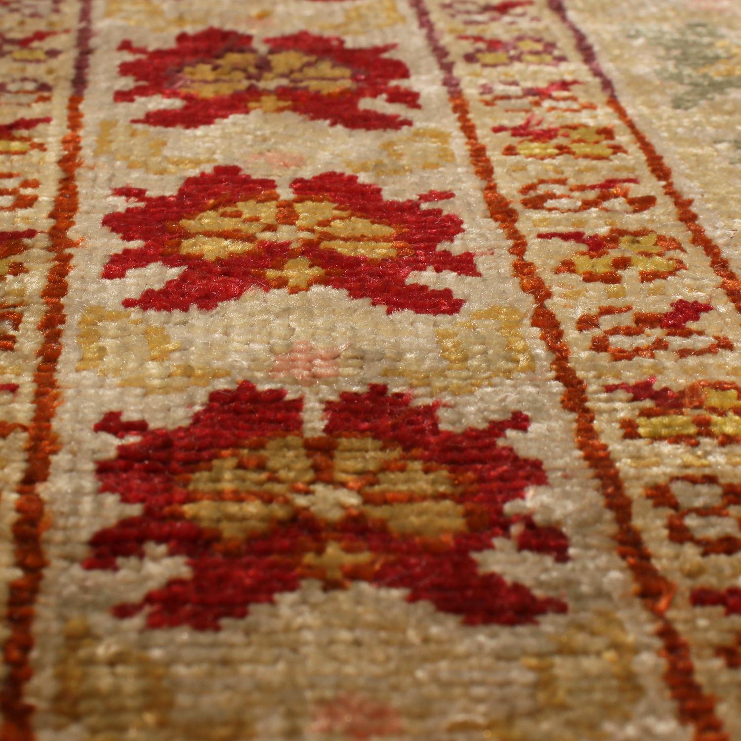 Antique Hereke Golden-Beige and Red Floral Silk Rug In Good Condition In Long Island City, NY