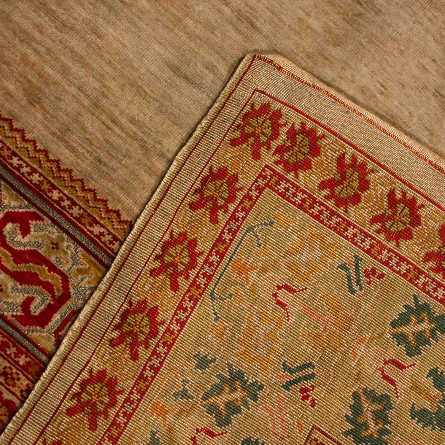 Early 20th Century Antique Hereke Golden-Beige and Red Floral Silk Rug by Rug & Kilim For Sale
