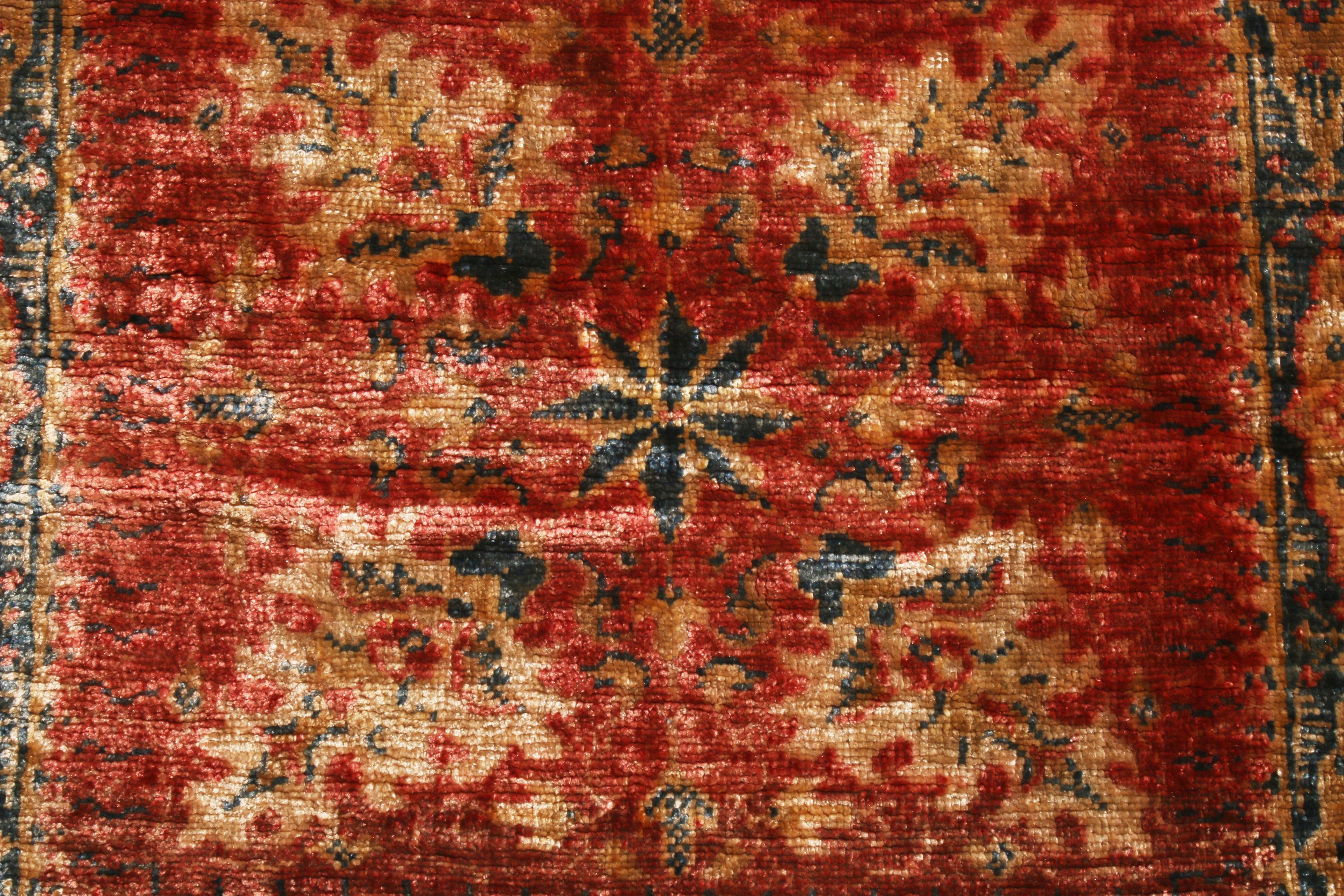 Hand-Knotted Antique Hereke Red Beige Silk Square Rug with Floral Motifs