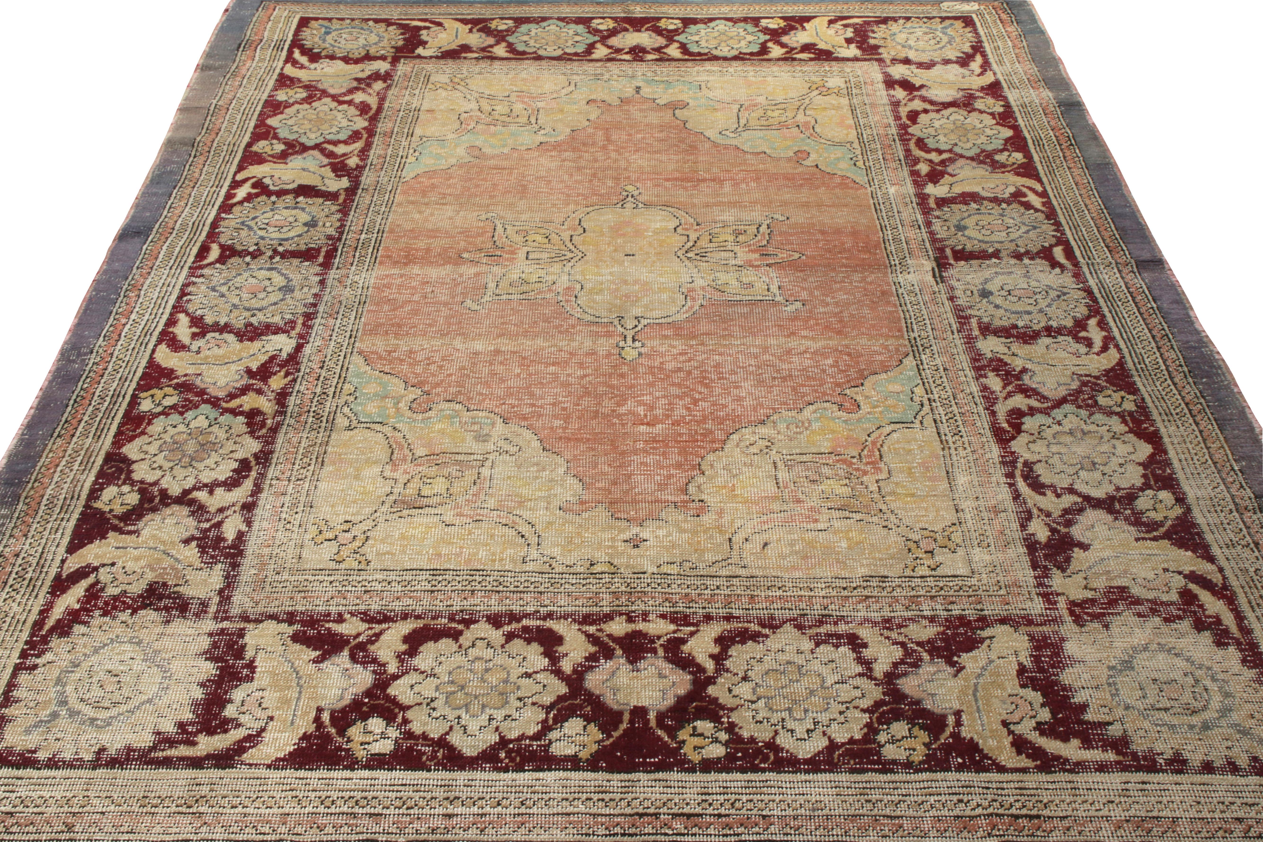 Turkish Antique Hereke Rug with Gold Floral Medallion and Red Border, by Rug & Kilim For Sale